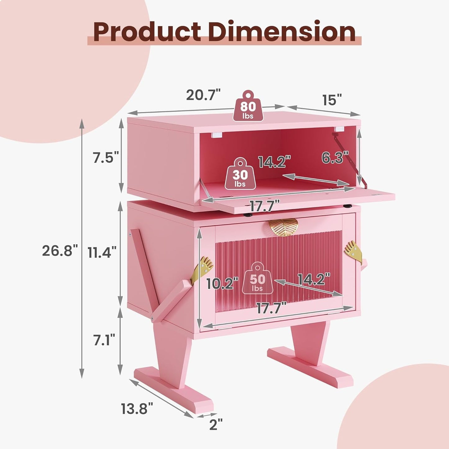 Superjoe Pink Nightstand with LED Light Strips 360° Rotating Drawer, Modern End Table with Glass Door Storage, Wood Bedside Table Cabinet for Living Room, Bedroom, Nursery
