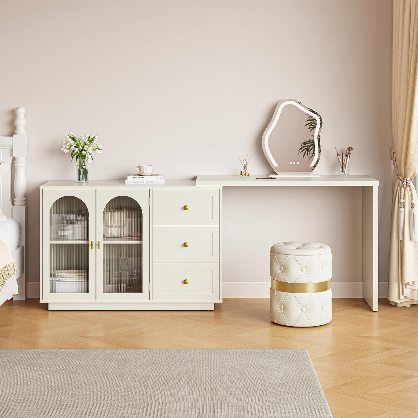 Superjoe Makeup Vanity Desk, Extendable Corner Vanity Makeup Table with 3 Drawers & 2 Door, Modern Dressing Table for Bedroom, Vanities for Women/Girls Bedroom (without Mirror)