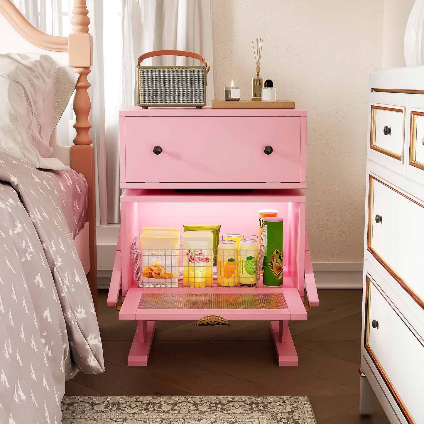 Nightstand with 360¡ã Rotating Drawer and LED Light Strip
