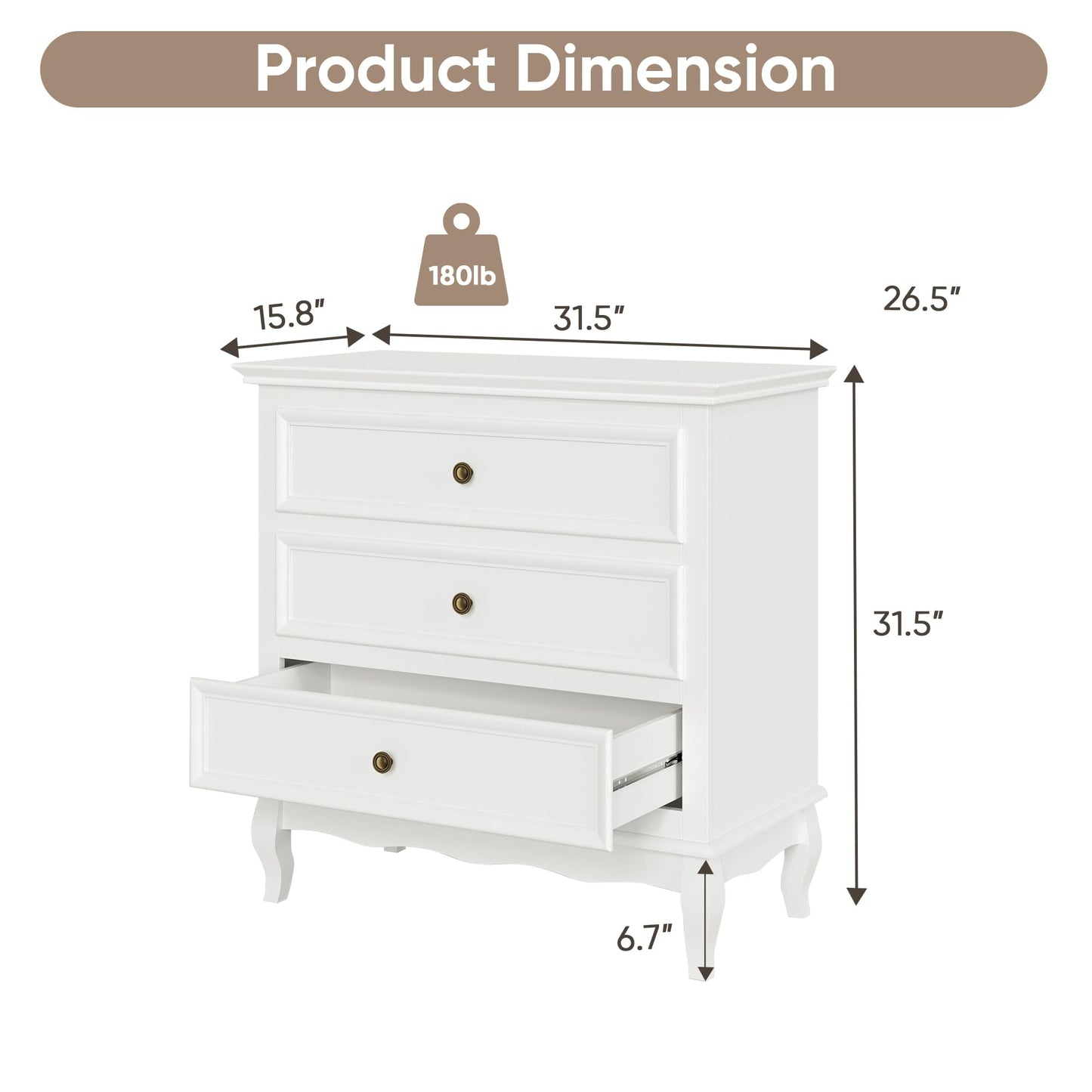 Superjoe White 3 Drawer Dresser for Bedroom, Wide Chest of Drawers with Ball Bearing Slide, Modern Wood Dresser Wide Nightstand Cabinet for Living Room