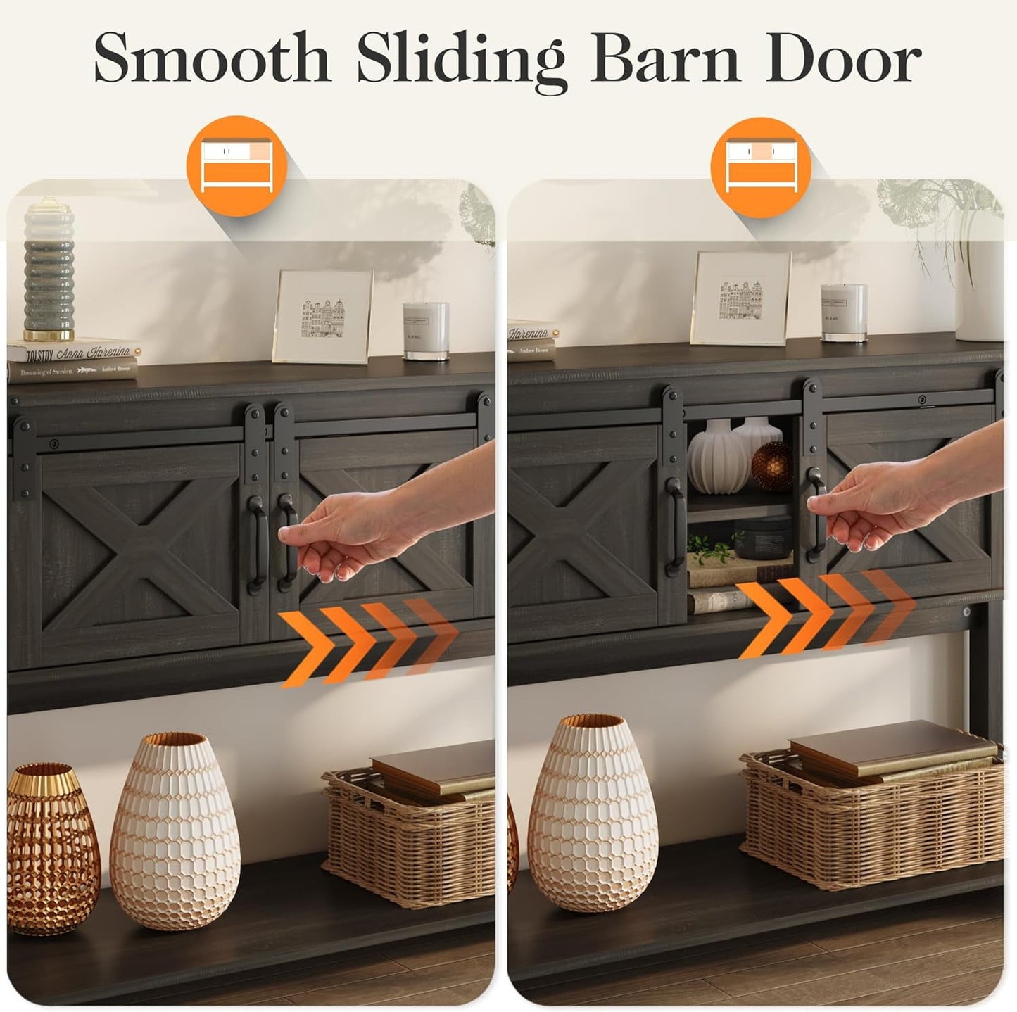 CozyHom Console Table With Storages&Shelves, Farmhouse Side Entryway Table With Sliding Barn Doors, Gray