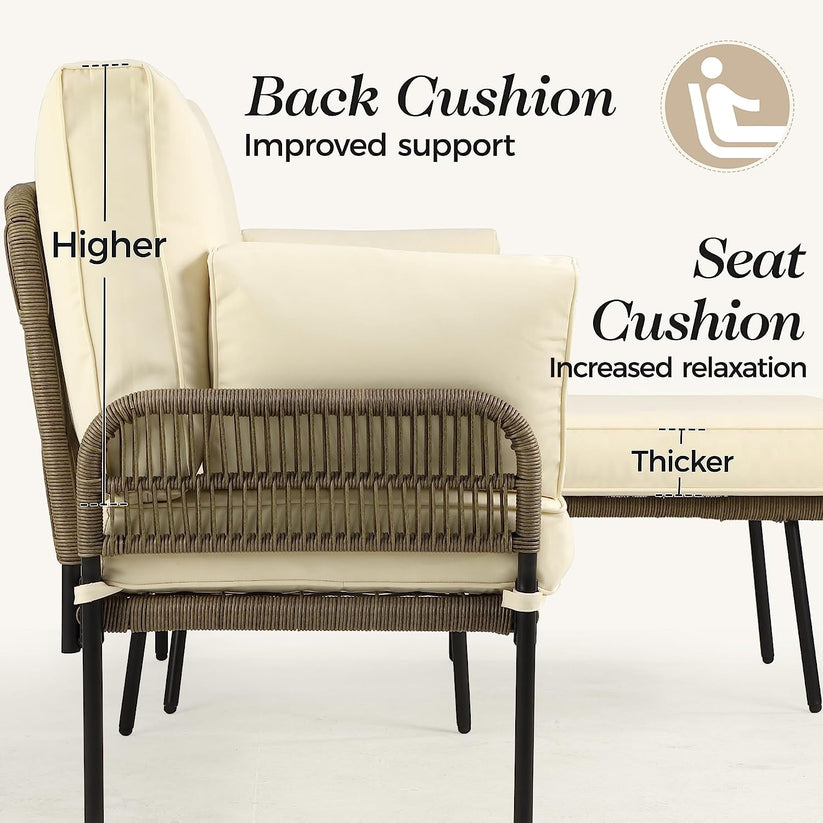 Royalcraft Patio Furniture Set, Outdoor Sectional Furniture Sets with Woven Rope Accents and 4-inch Cushions, L-Shaped Patio Conversation Sets with Detachable Lounger and Side Table