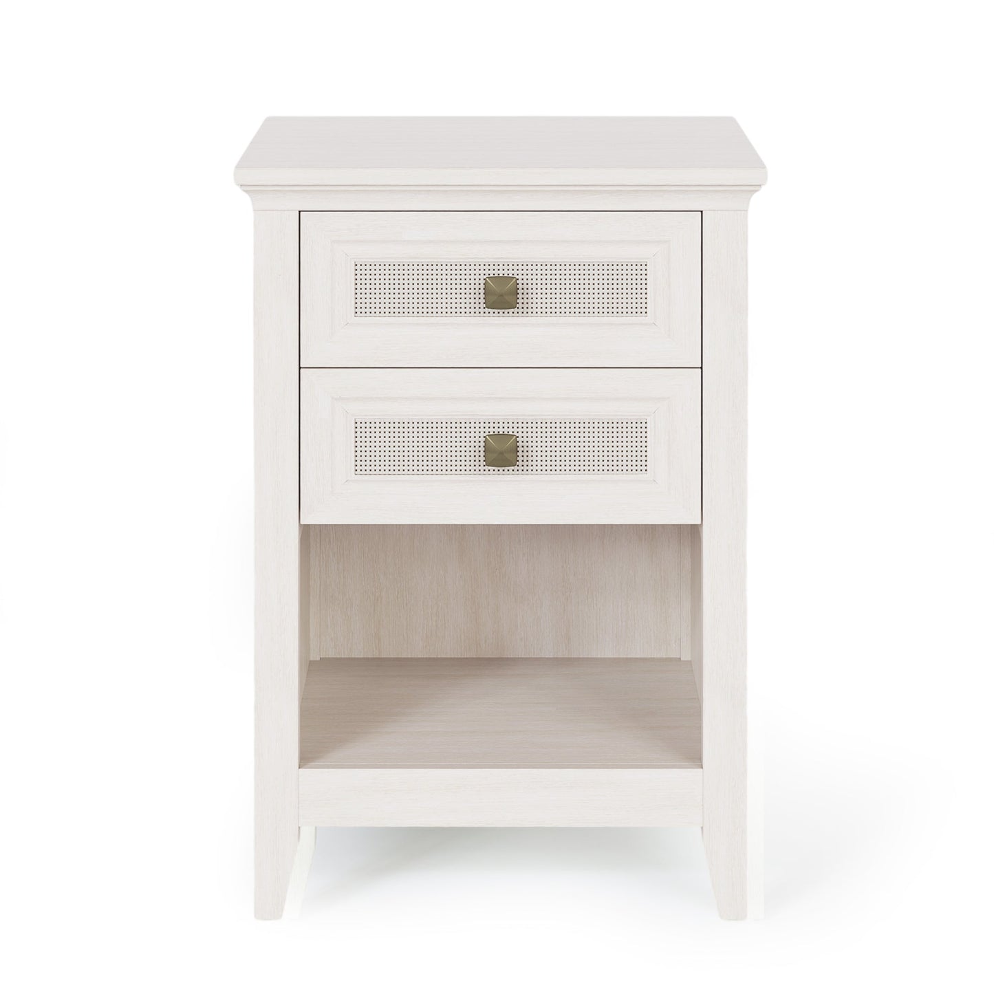 Royalcraft Farmhouse Nightstand, Boho Bedside Table with 2 Rattan Decor Drawers, Accent End Table with Open Storage Shelf, Wood Bedside Unit for Bedroom, Living Room, Home Office, Grayish White