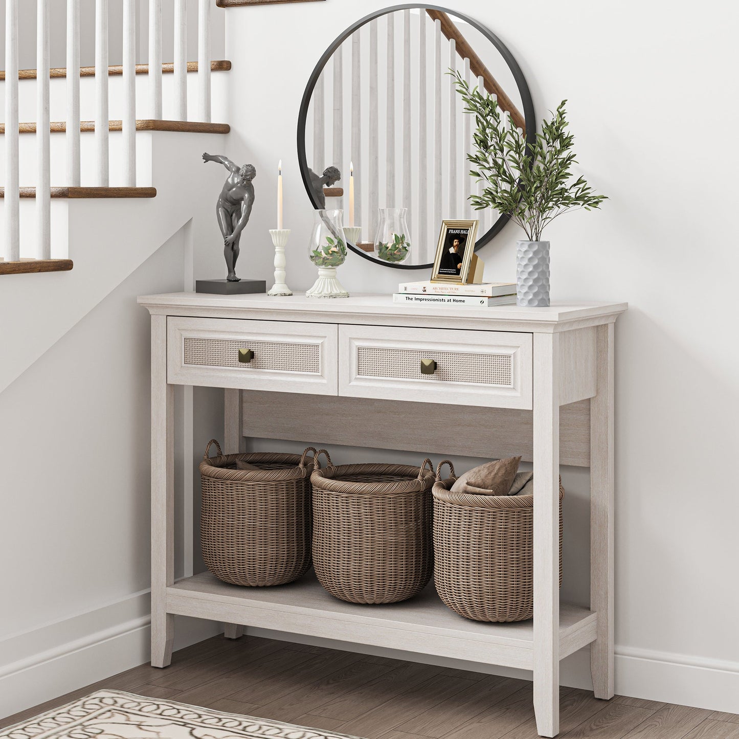 Royalcraft Rattan Console Table, Boho Entryway Table with Widened Tabletop & 2 Spacious Drawers, Farmhouse Sofa Table with Storage Shelf, Foyer Table for Living Room, Hallway, Entryway, Grayish White