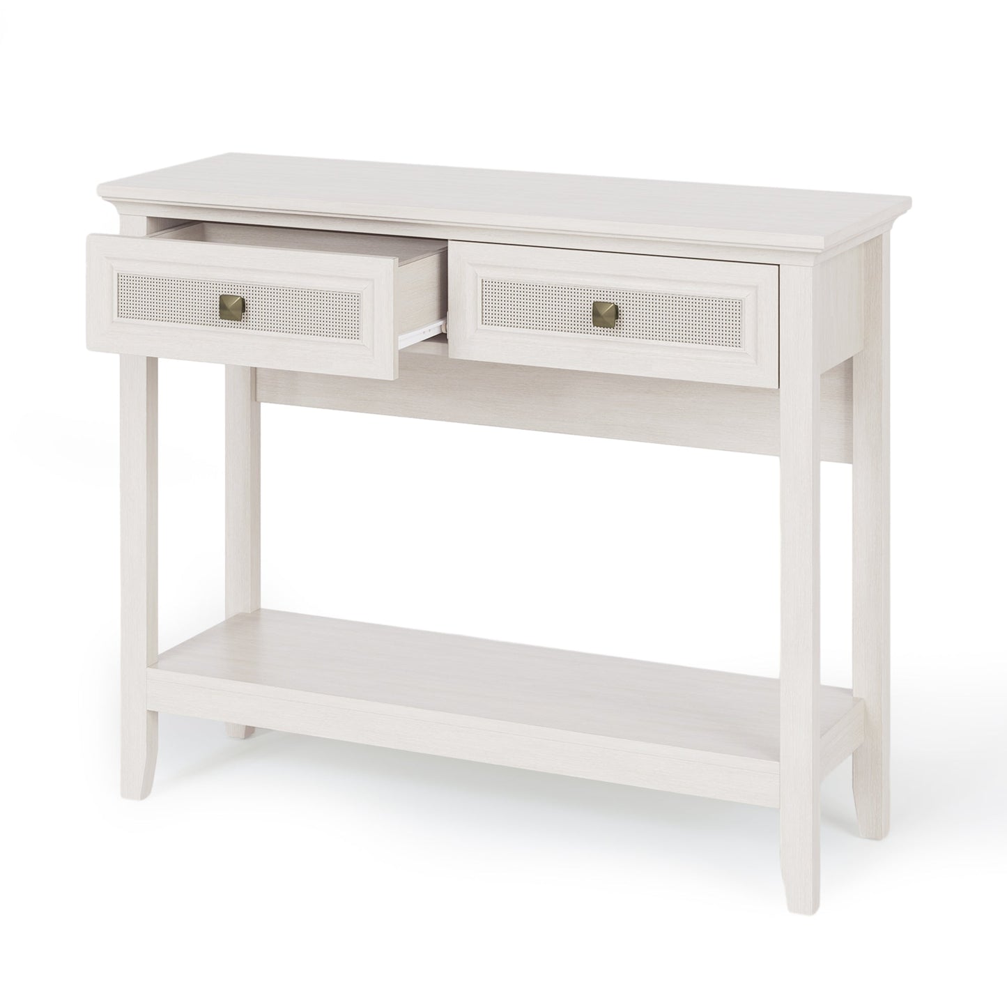 Royalcraft Rattan Console Table, Boho Entryway Table with Widened Tabletop & 2 Spacious Drawers, Farmhouse Sofa Table with Storage Shelf, Foyer Table for Living Room, Hallway, Entryway, Grayish White