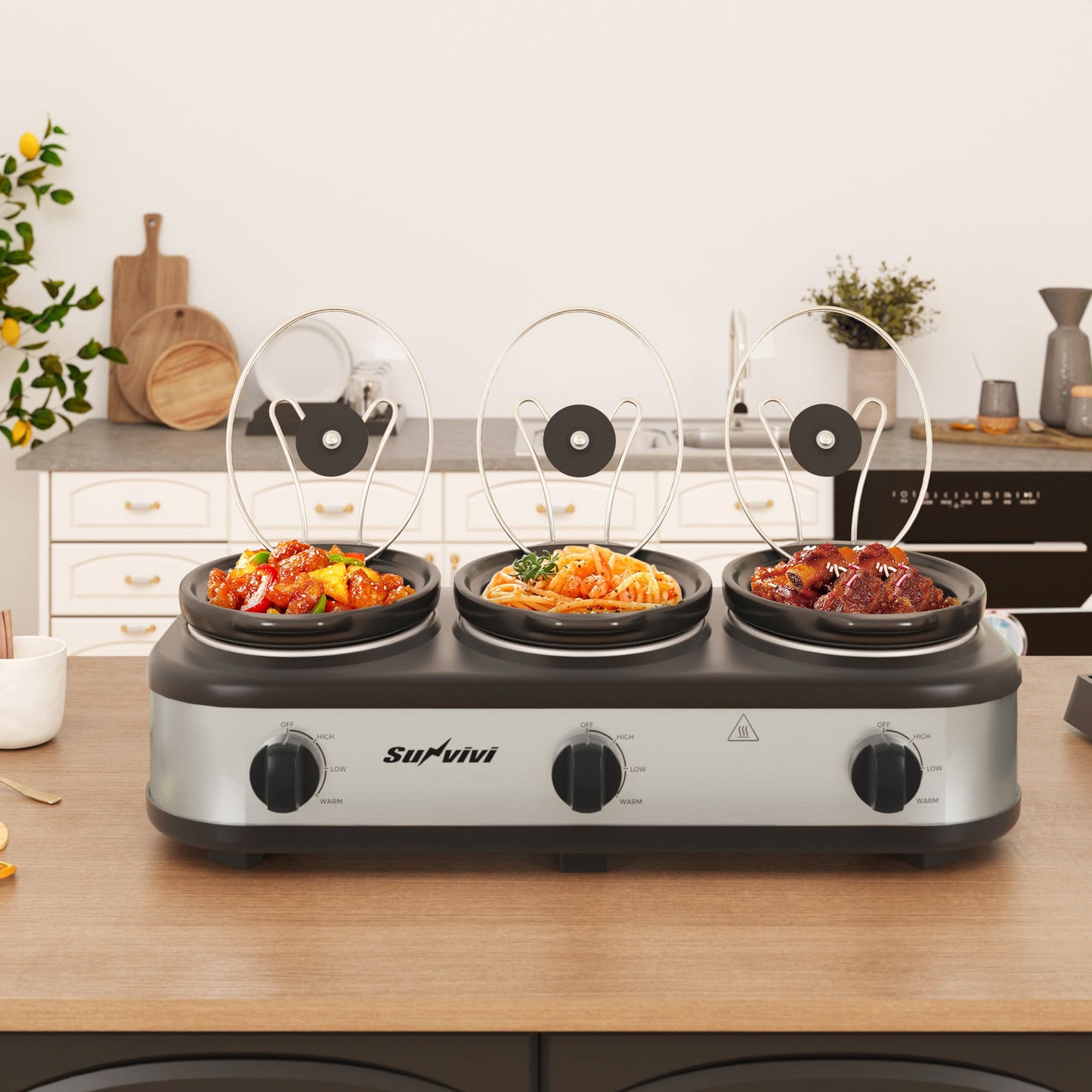 Sunvivi Triple Slow Cooker, Buffet Server and Warmer with 3 Removable Ceramic Pots, Slow Cooker Food Warmer with 3 Adjustable Temp & 3 Metal Lid Rests, Stainless Steel, Total 4.5 QT