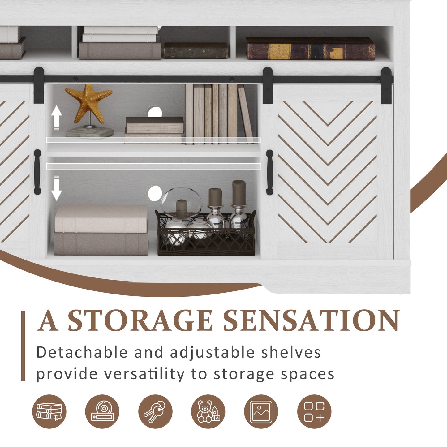 CozyHom Farmhouse TV Stand Coffee Bar Cabinet With Storage, Sliding Doors TV Storage Cabinet Sideboard, White