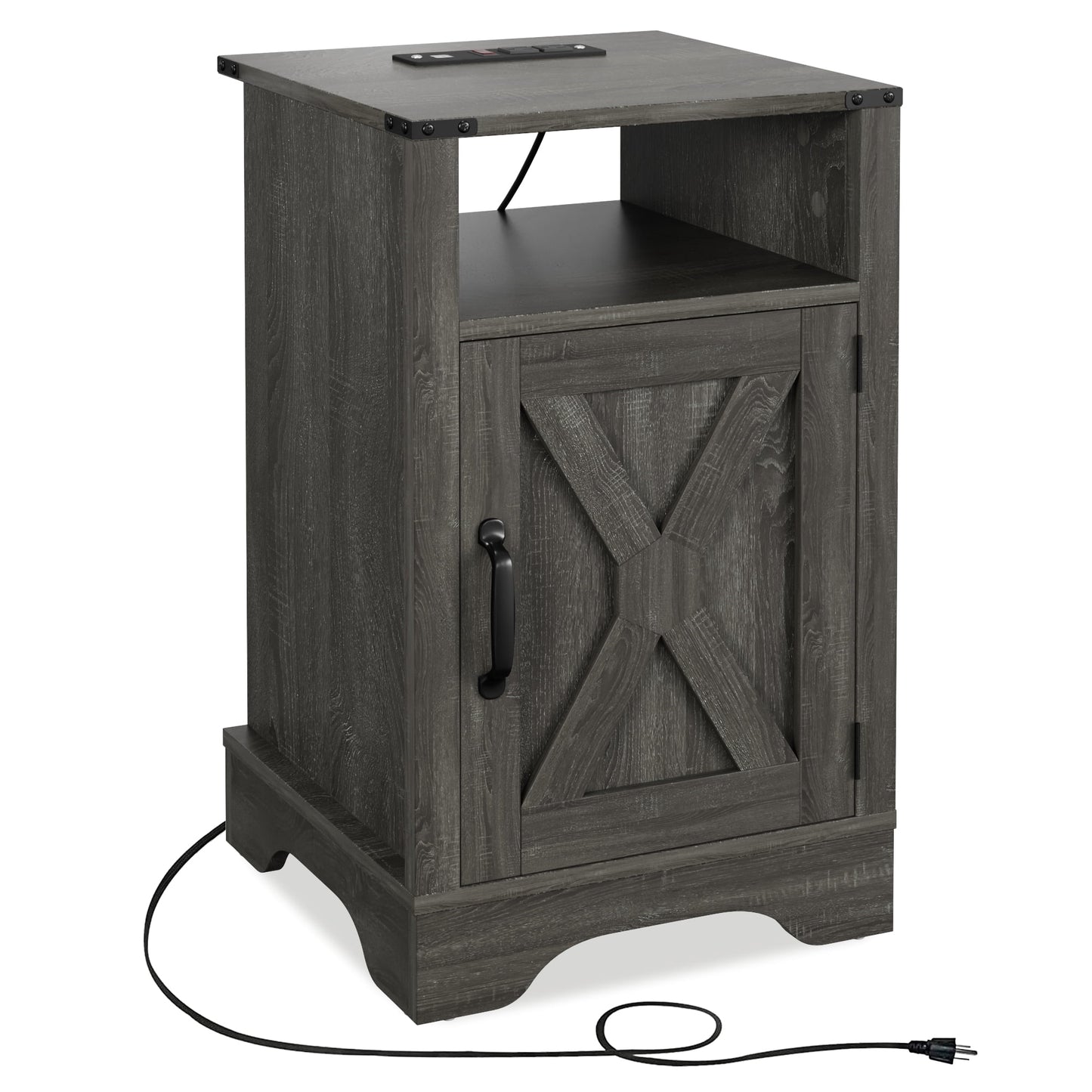 CozyHom Modern Farmhouse USB Nightstand With Charging Station, End Side Table With Charging Station&Storage Cabinet For Bedroom, Dark Grey
