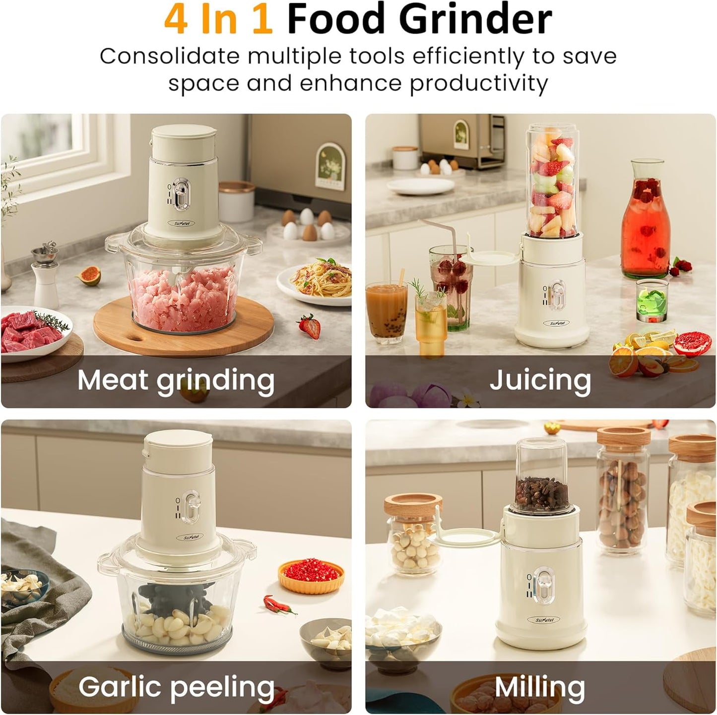 CozyHome Electric Food Chopper, Electric 4 in 1 Food Grinder for Grinding Meat, Peeling Garlic & Juicing, 2 Speed Blender and Food Processor Combo with 1.5L Glass Bowl & 2 Cups (0.4L+0.2L), 250W Beige