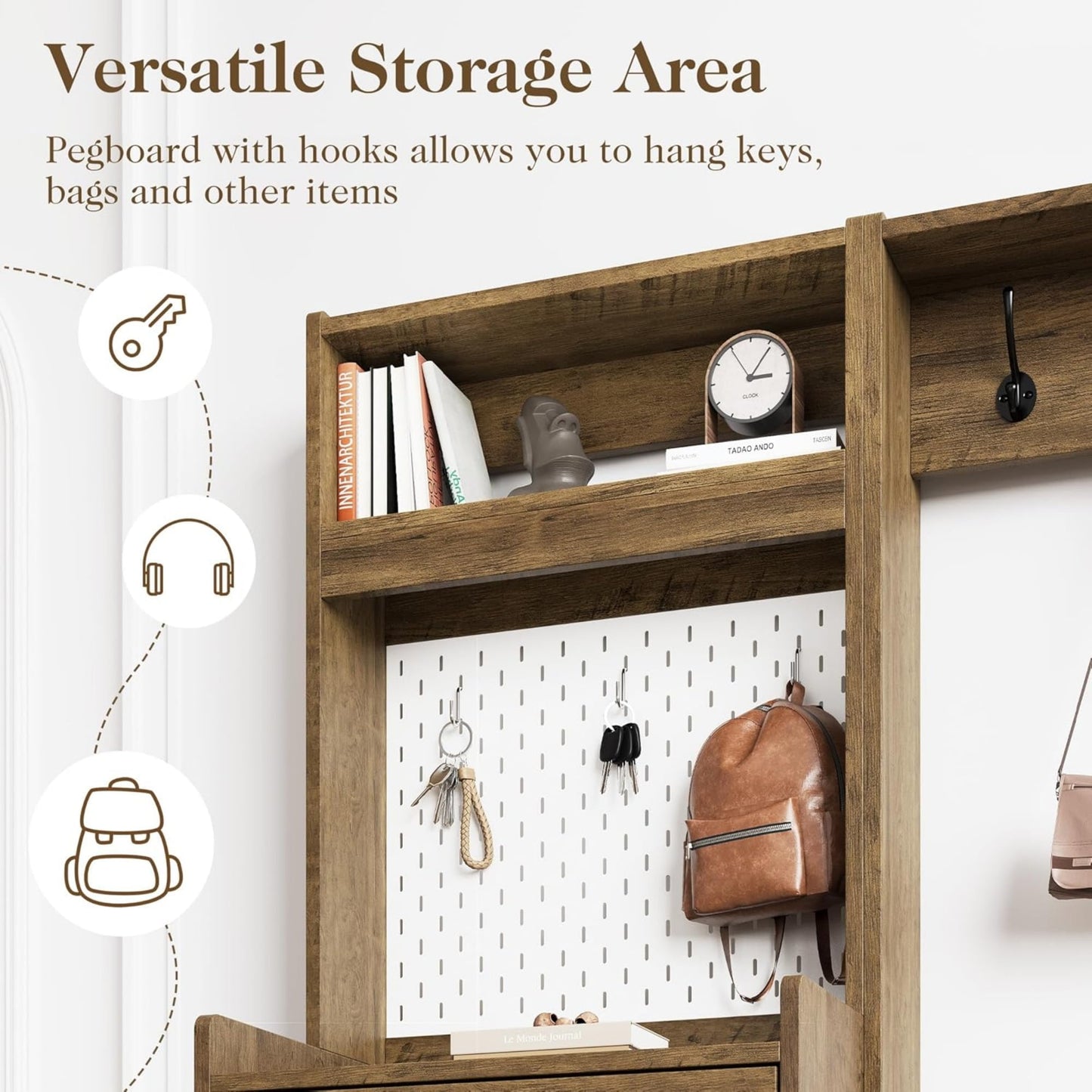 Superjoe 5-in-1 Shoe Cabinet with Flip Drawer, Entryway Shoe Storage with Pegboard, Adjustable Shelf, Wood Entryway Cabinet, Brown