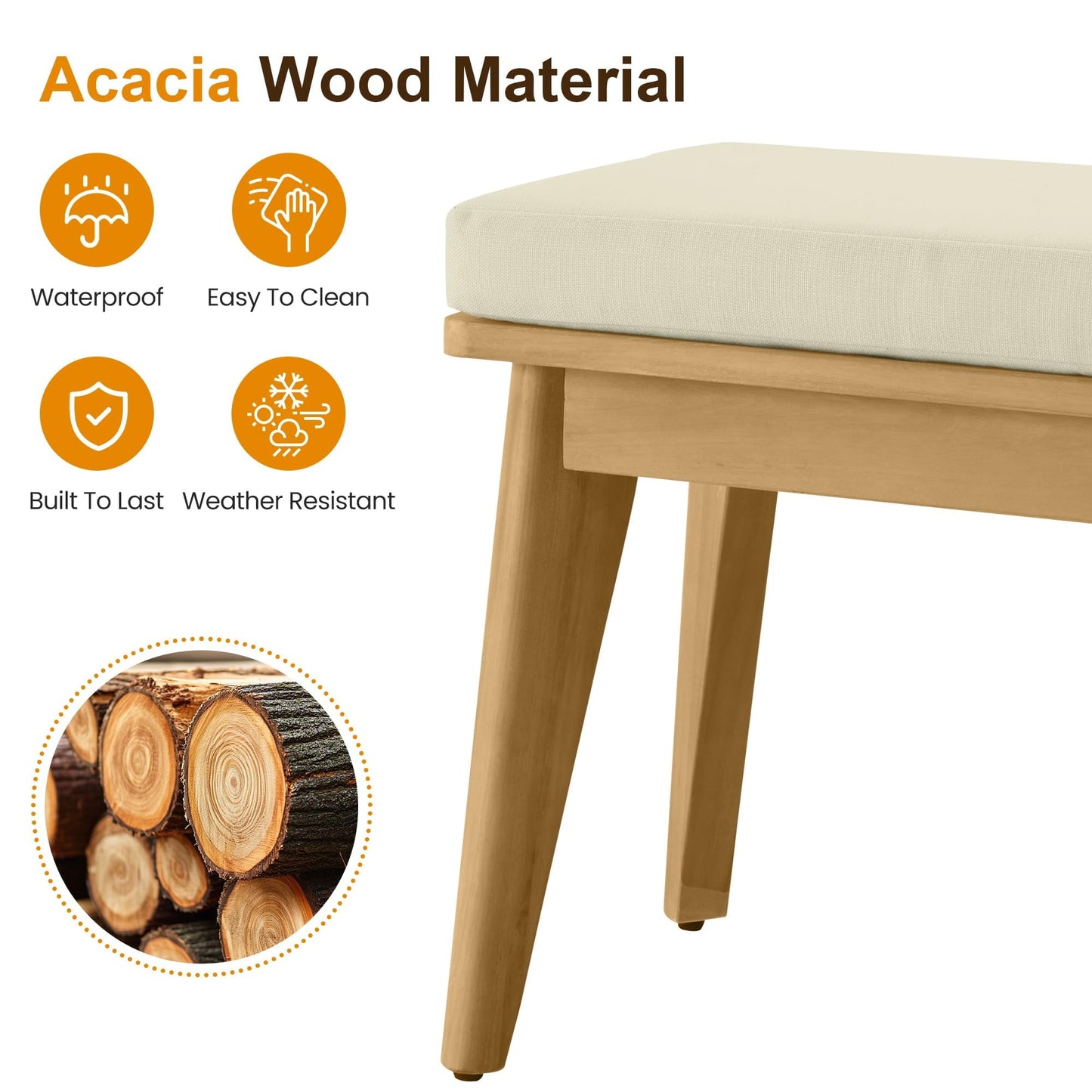 Heynemo Acacia Patio Bench, Upholstered Bench with Thick Cushion, Modern Wood Outdoor Dining Bench for Porch, Backyard, Garden, Indoor, Beige