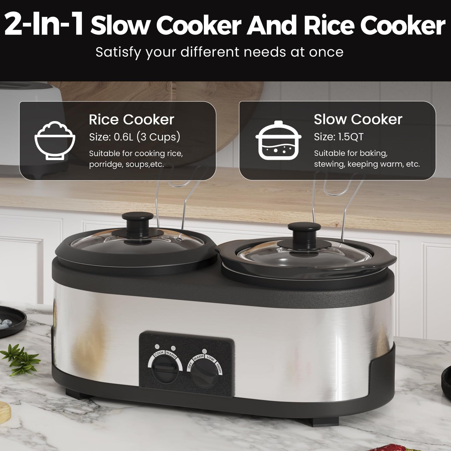 Superjoe 2 in 1 Double Slow Cooker, Combo Rice Cooker and 1.5 Quart Slow Cooker with 3 Cooking Settings, 3- Cup Non-Stick Aluminum Pot, Glass Lid, Stainless Steel