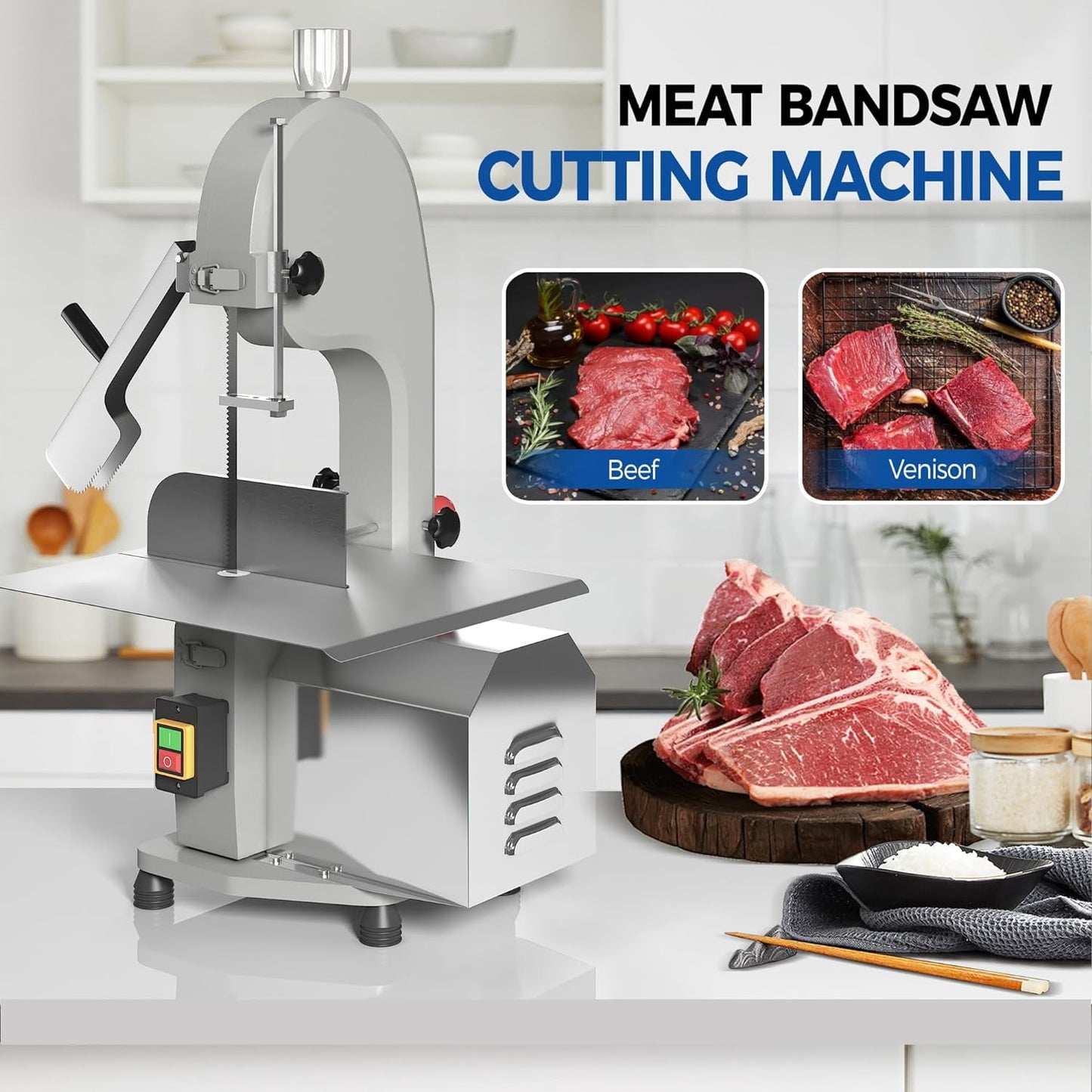 CozyHome 1500W Electric Bone Saw Machine, 0-8 Inch Cutting Thickness, Frozen Meat Cutter, Home Commercial Bandsaw Machine for Chicken Fish Trotter Beef Spareribs, Equipped with 5 Saw Blades