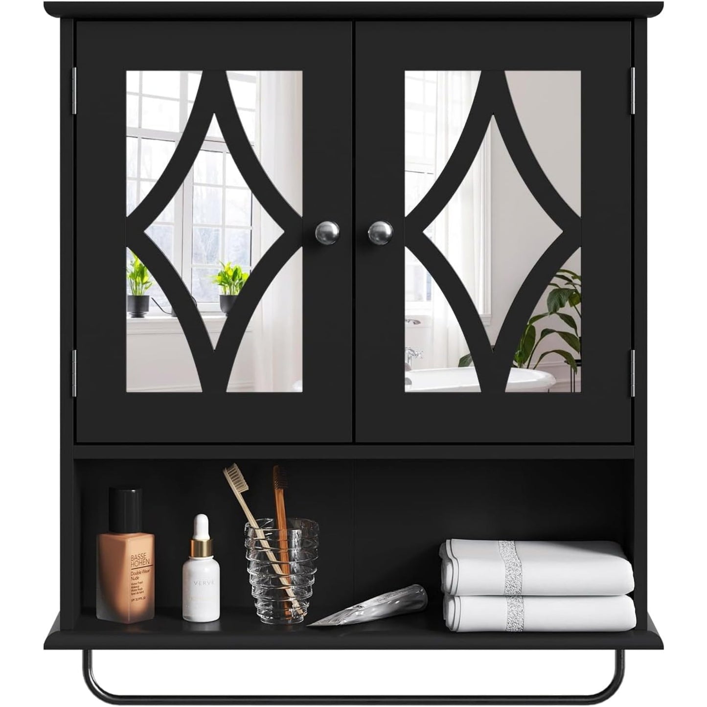 CozyHome Bathroom Medicine Cabinet with Mirror, Vanity Wall Mounted Storage Cabinet with Adjustable Shelves and Towel Bar, Hanging Wall Cabinet for Bathroom, Laundry, Living Room, Black