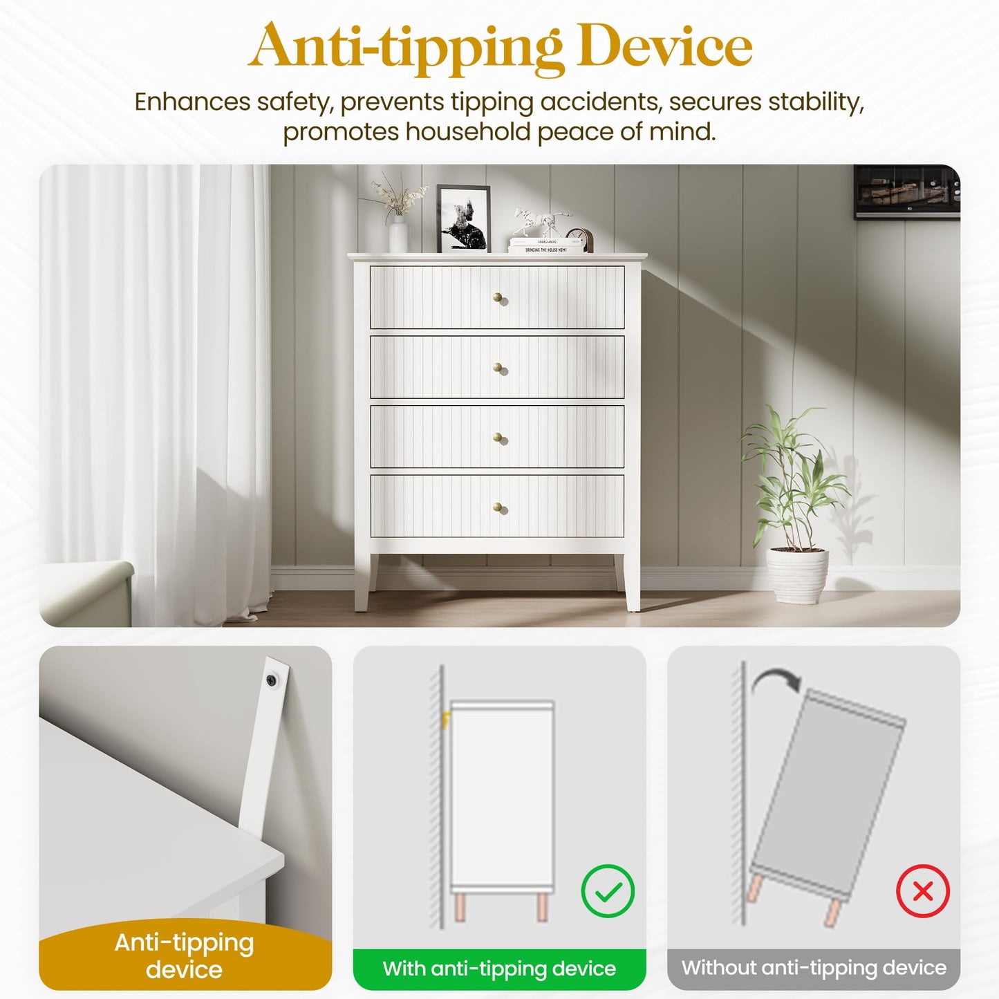 CozyHome White Fluted 4 Drawer Dresser for Bedroom, Modern Chest of Drawers, Wood Dresser for Storage Clothes, Wooden Storage Cabinet Nightstand for Bedroom, Hallway, Living Room, Entryway