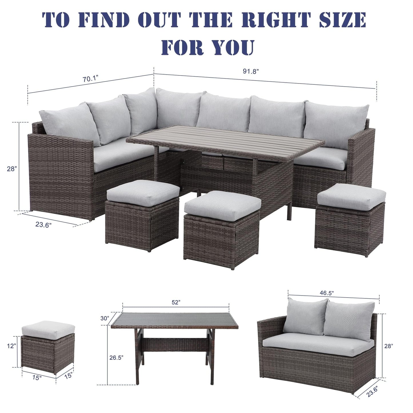 Royalcarft 7 Pcs Outdoor Conversation Set All Weather Wicker Sectional Sofa Set Dining Table Chair and Ottoman,Steel Frame,Gray