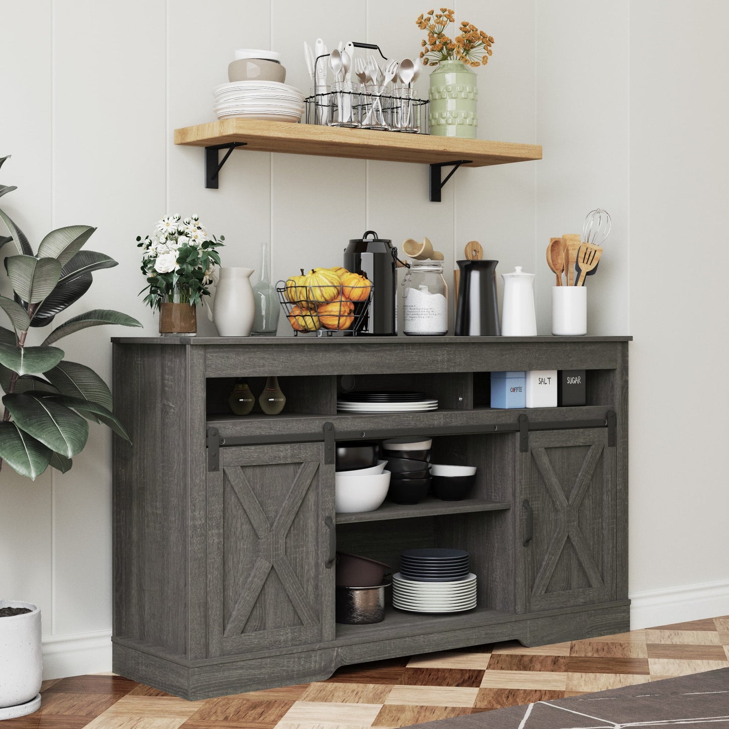 Superjoe TV Stand for 70" TVs, Modern Media Console Storage Cabinet w/Sliding Barn Doors, Wooden Entertainment Center for Living Room Bedroom, Dark Gray