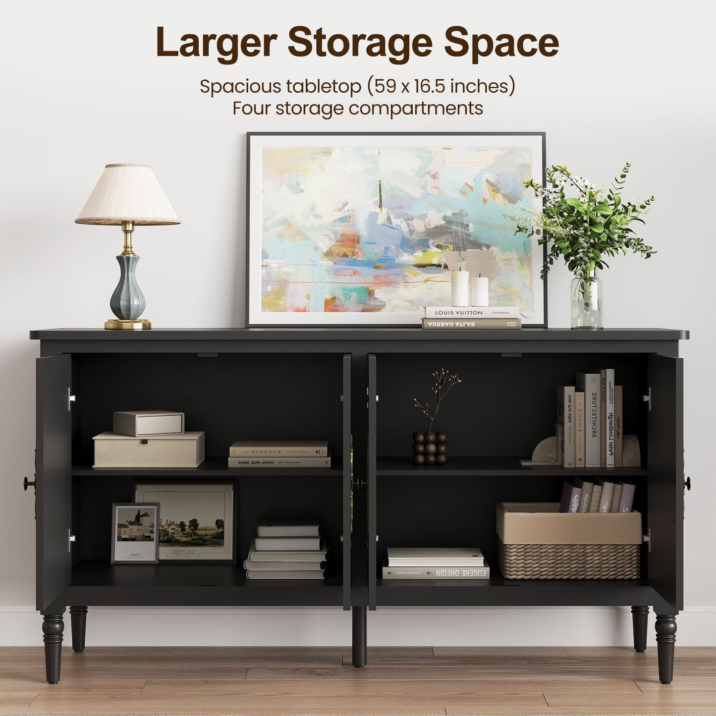 Console Cabinet, 58'' Mid Century Modern Pantry Cabinet, Wood Buffet Cabinet, Media Cabinet with 4 Doors, Accent Cabinet for Entryway, Living Room, Bedroom, Dining Room