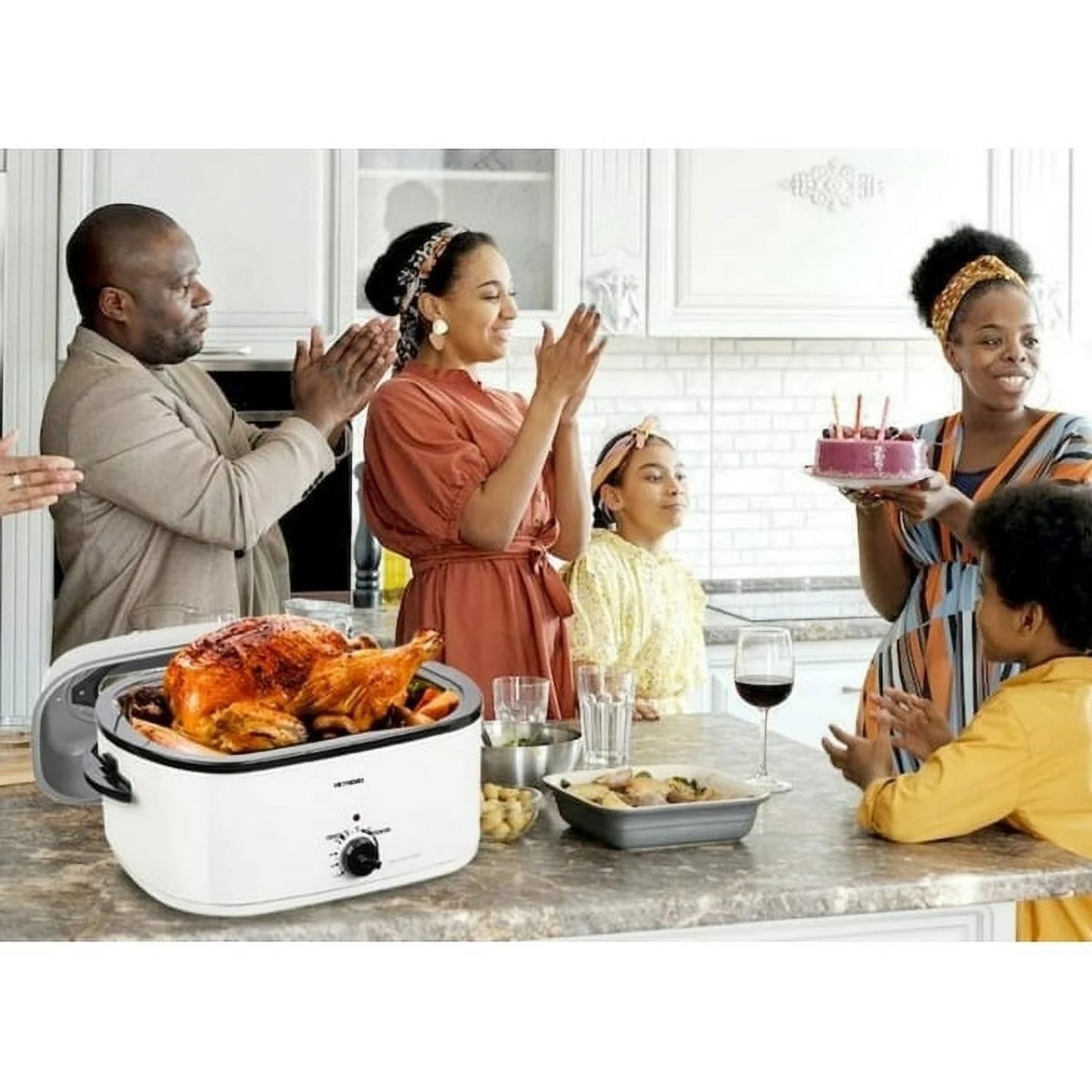 CozyHom 26 QT Electric Roaster Oven, Stainless Steel Turkey Roaster Pan, Self-Basting Lid Removable Insert Pot for Gathering and Dining, White
