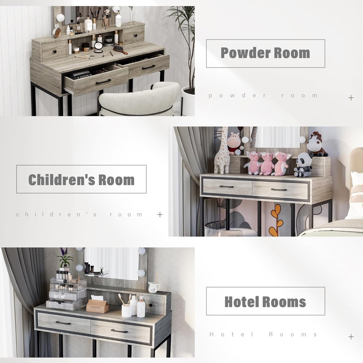 CozyHom Vanity with Mirror and Lights, 40" Large Dressing Makeup Vanity Table with 4 Drawers, 3 Color Lighting Modes & 10 Brightness, Dressing Table with Metal Frame for Bedroom, Light Gray