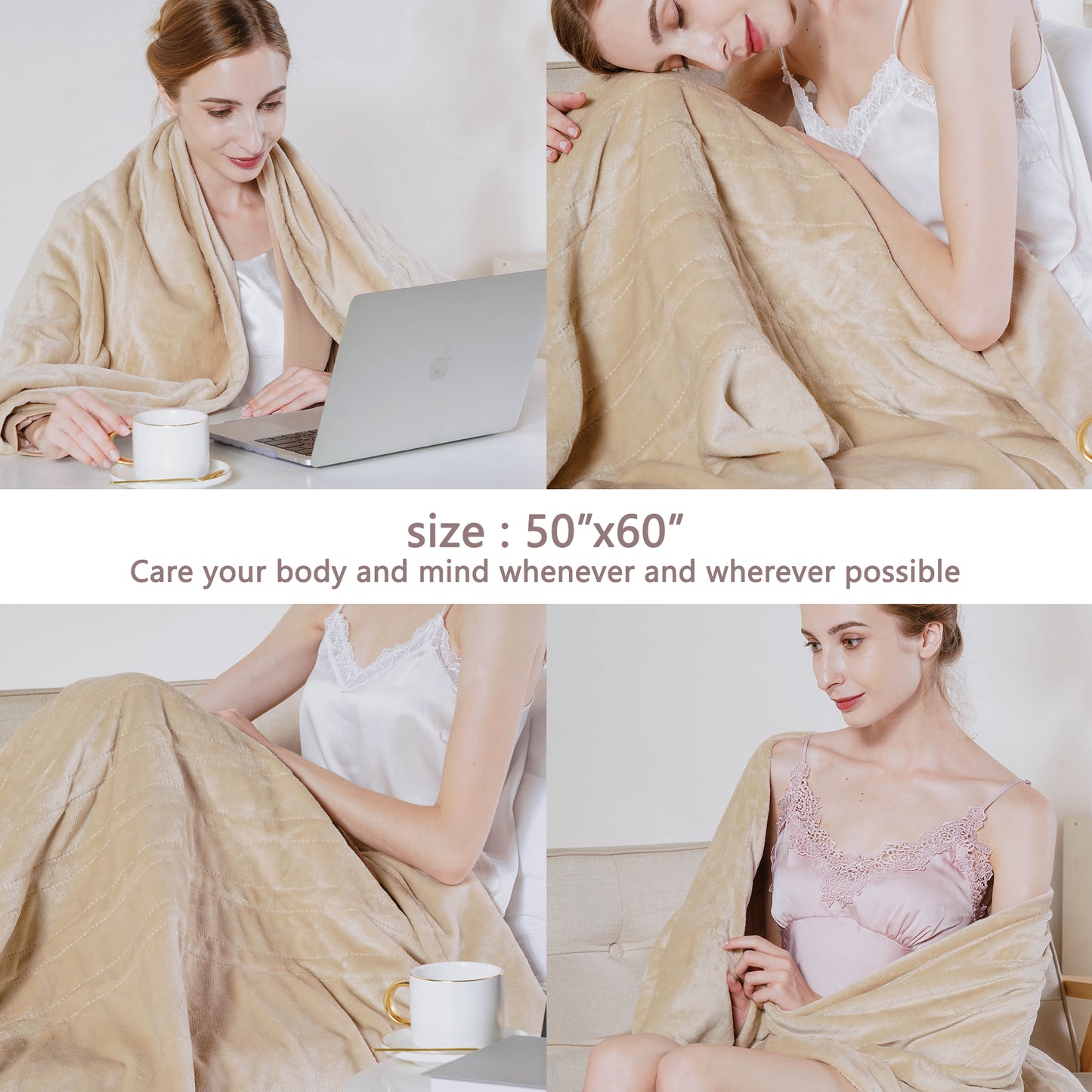 Superjoe Electric Throw Heated Blanket, Double-Layer Flannel, 4 Heat Settings and Auto-off, 60" x 50", Beige