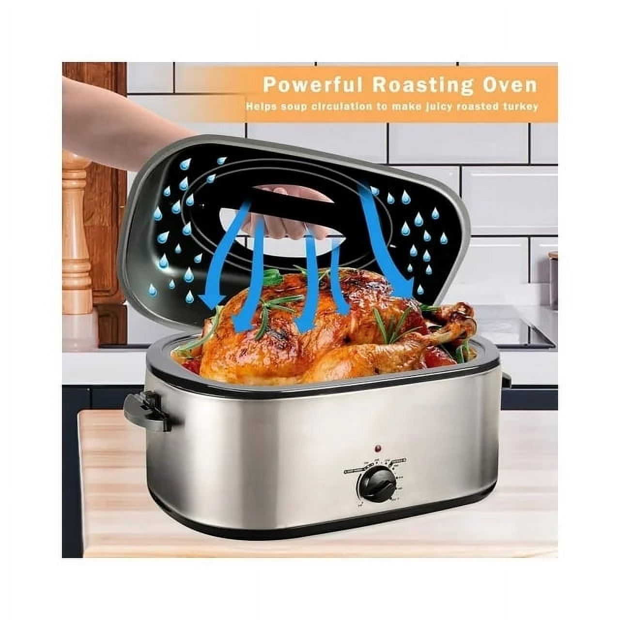 CozyHom 26 Quart Electric Roaster Oven Stainless Steel Portable Turkey Electric Roaster Oven, Self-Basting Lid Removable Insert Pot, Silver