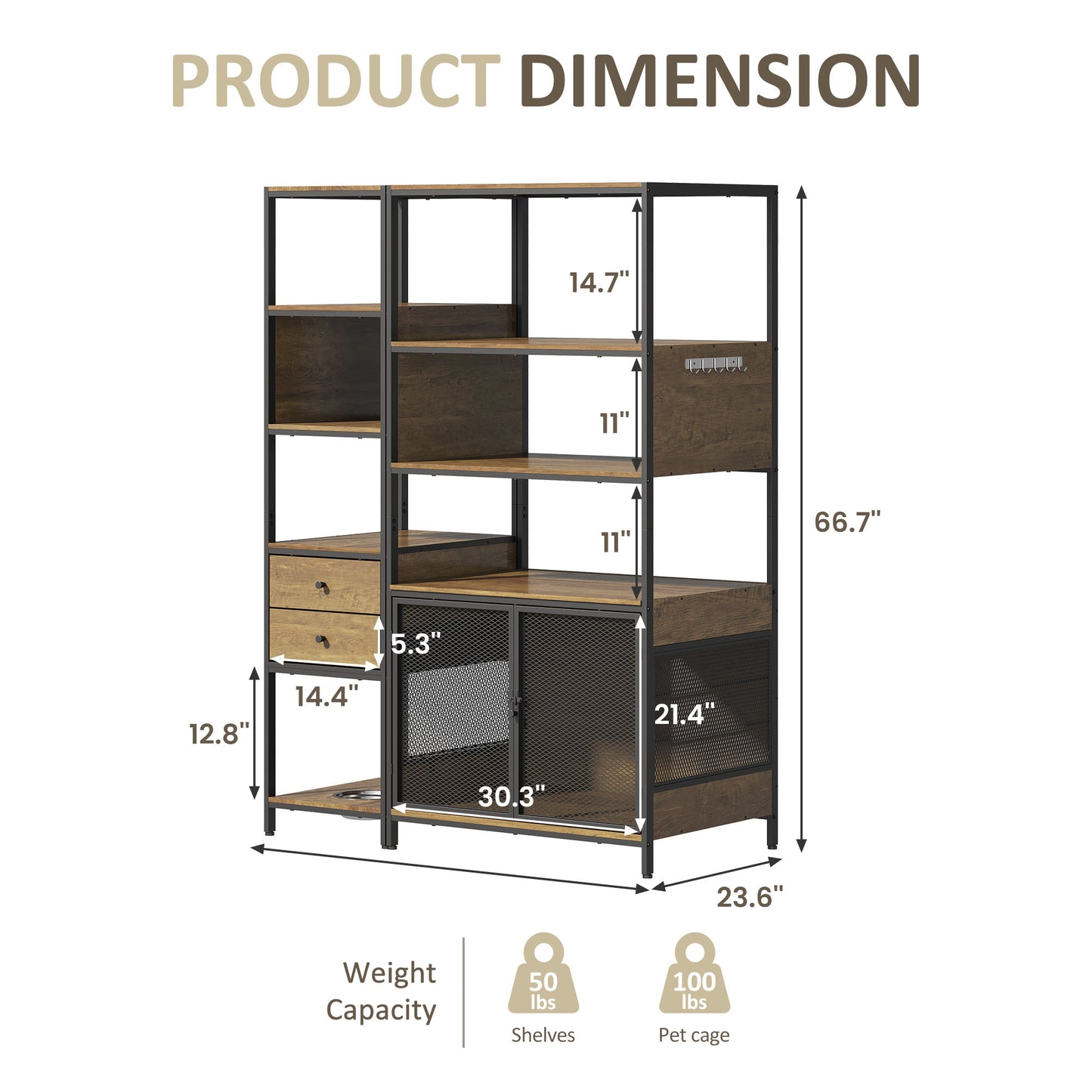 Dog Crate Furniture with Display Shelf, Decorative Dog Crate with Dog Bowl, Cat Litter Box Furniture Industrial Bookshelf, Furniture Style Dog Crate for Medium Dog, Brown