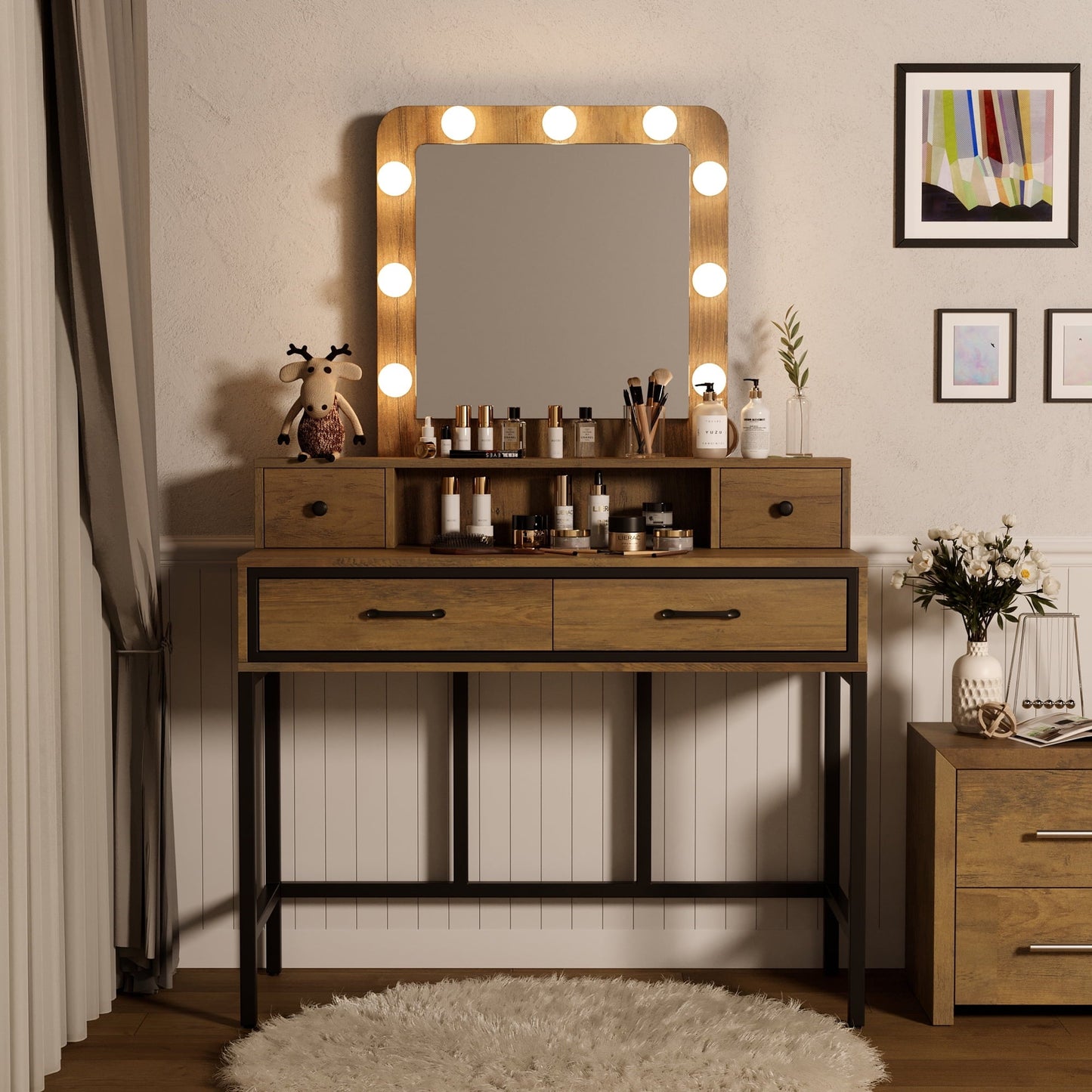 Royalcraft Makeup Vanity Table Set with Sliding Lighted Mirror