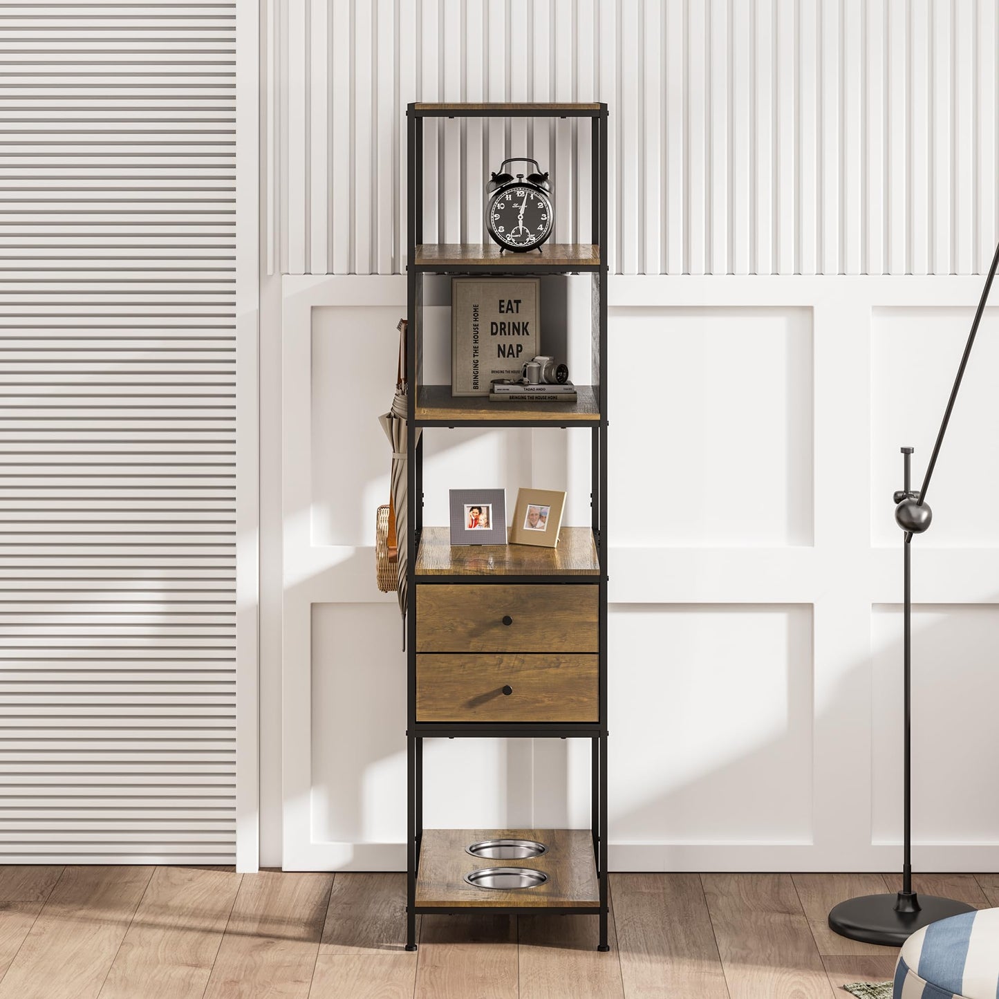 Superjoe Industrial Bookshelf, Standing Display Shelf with 2 Dog Bowls, Metal and Wood Bookshelf, Dog Feeder Station with Shelves, Brown