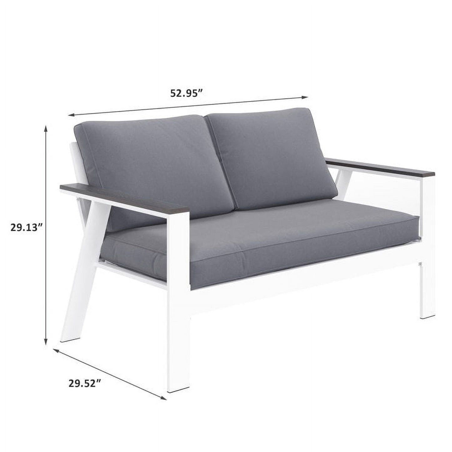 Superjoe Outdoor Aluminum Patio Loveseat Sofa Furniture, Metal All-Weather Modern Patio Sofa Loveseat with Wood Accent Armrest and Angled Backrest, White
