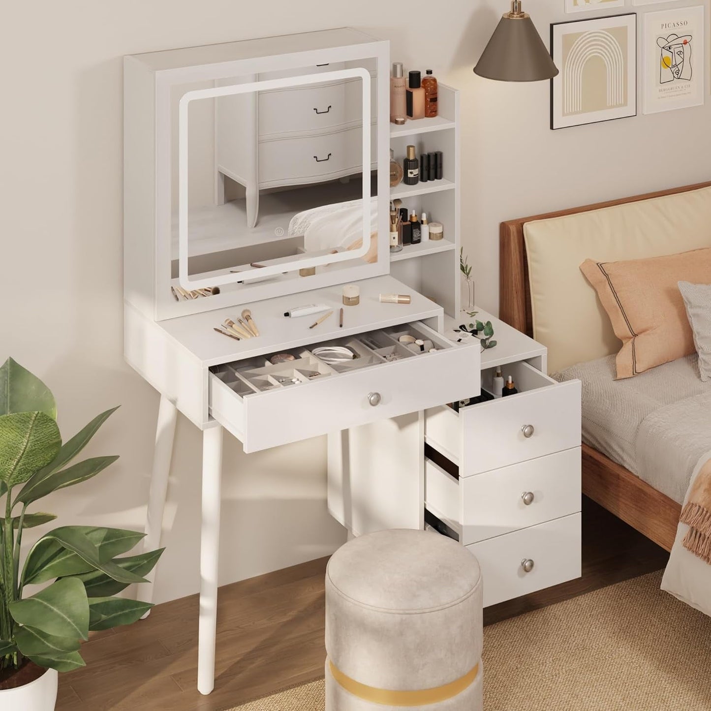 Royalcraft Makeup Vanity Table Set with Sliding Lighted Mirror