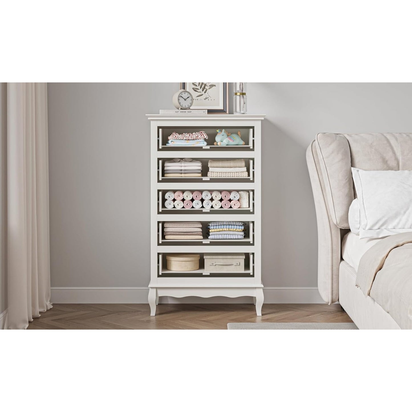 Superjoe White Dresser for Bedroom, Modern 5 Drawer Dresser, Wood Rustic Tall Chset of Drawers, Storage Dressers Organizer for Bedroom,Hallway