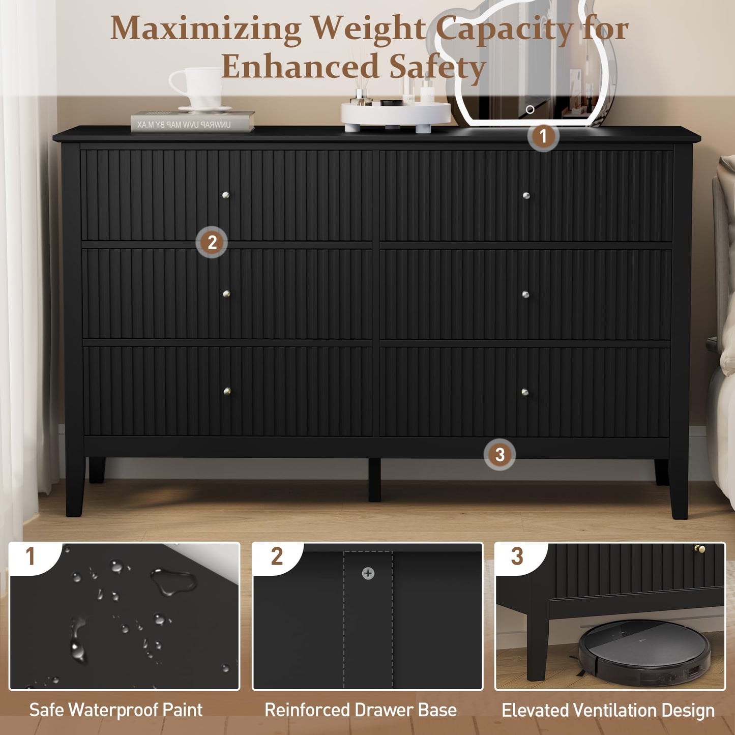 Black Dresser Fluted 6 Drawer Dresser Wide Modern Chest of Drawers Large Closet Dressers Wood Storage Dressers Organizer Storage Cabinet for Bedroom Living Room Hallway Entryway