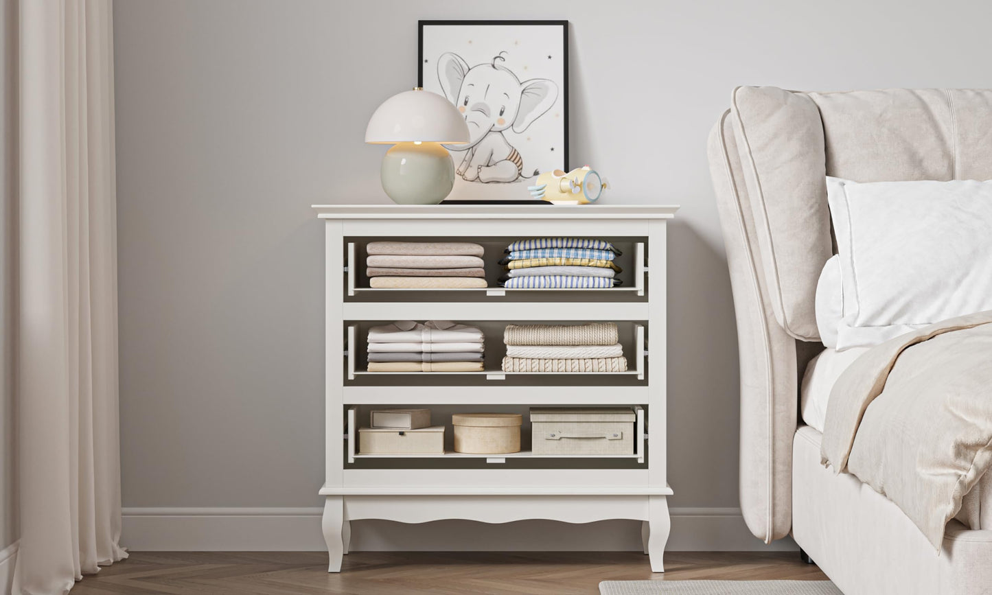 White 3 Drawer Dresser with Ball Bearing Slide, Sturdy Frame Modern Wood Dresser Wide Nightstand Cabinet for Bedroom, Living Room
