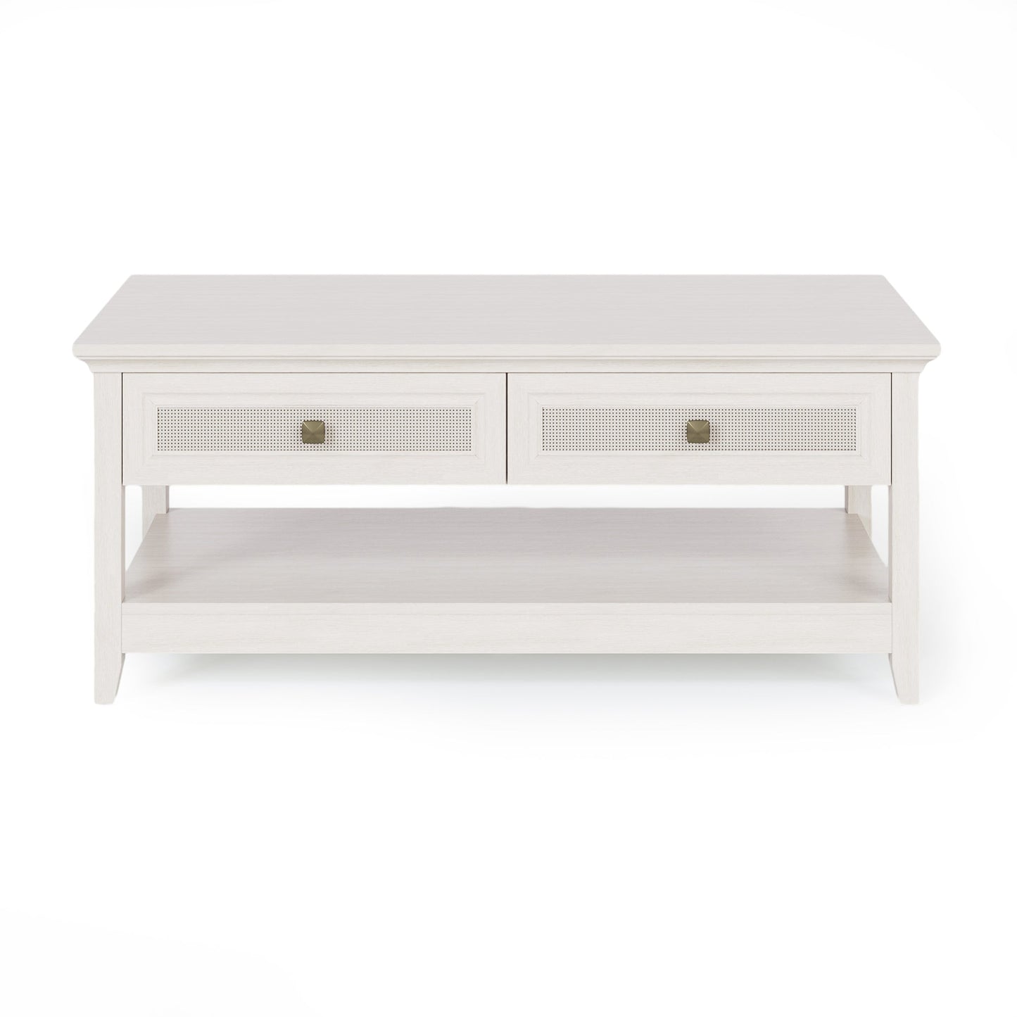 Royalcraft Farmhouse Coffee Table, Boho Tea Table with 2 Rattan Decor Drawers, Accent Center Sofa Table with Storage Shelf, 2 Tier Coffee Table for Bedroom, Living Room, Home Office, Grayish White