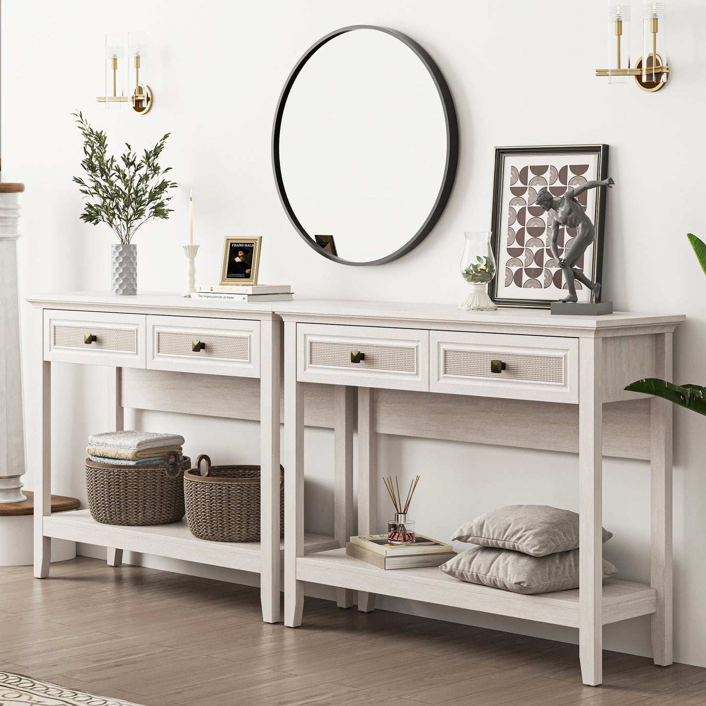 Royalcraft Rattan Console Table, Boho Entryway Table with Widened Tabletop & 2 Spacious Drawers, Farmhouse Sofa Table with Storage Shelf, Foyer Table for Living Room, Hallway, Entryway, Grayish White
