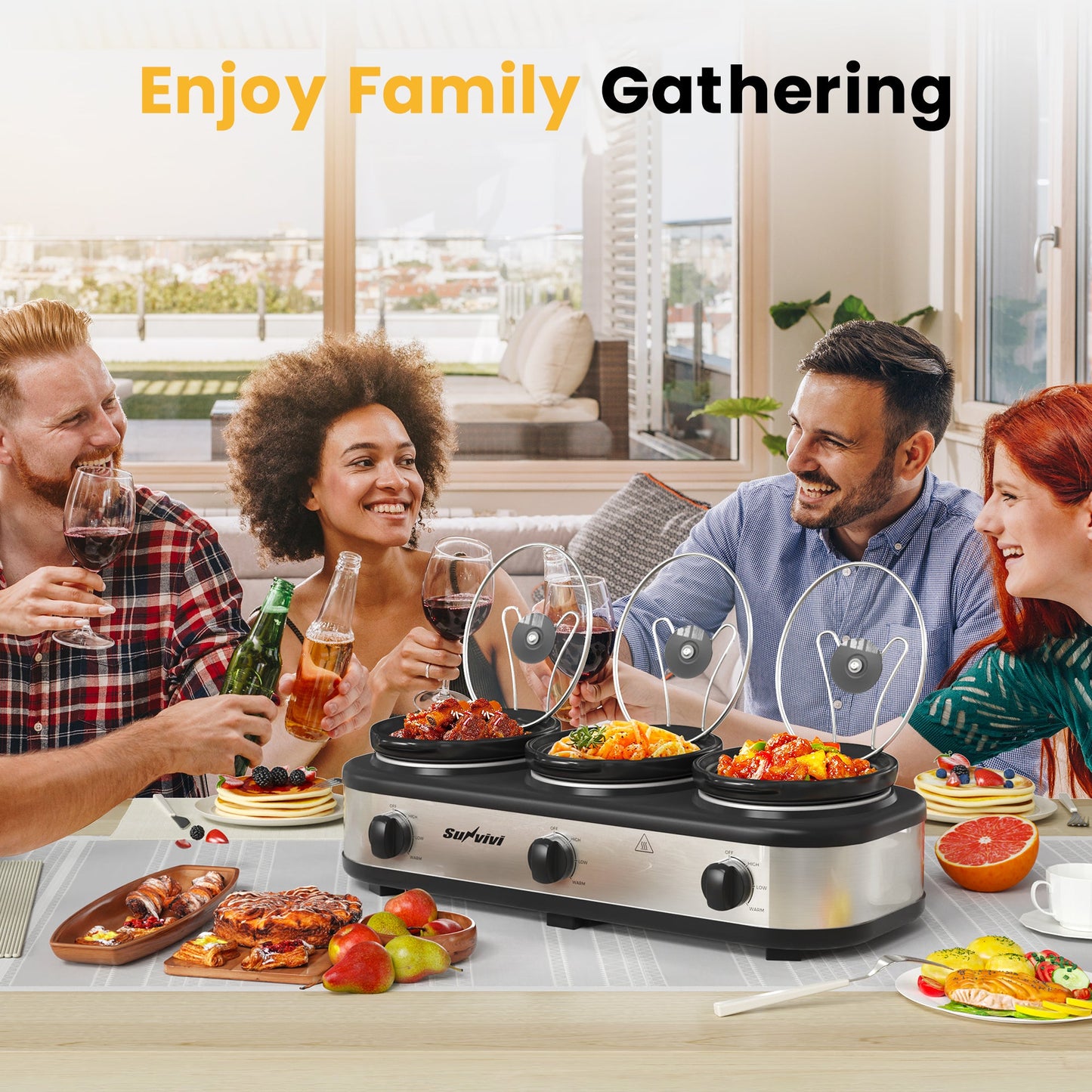 Sunvivi Triple Slow Cooker, Buffet Server and Warmer with 3 Removable Ceramic Pots, Slow Cooker Food Warmer with 3 Adjustable Temp & 3 Metal Lid Rests, Stainless Steel, Total 4.5 QT