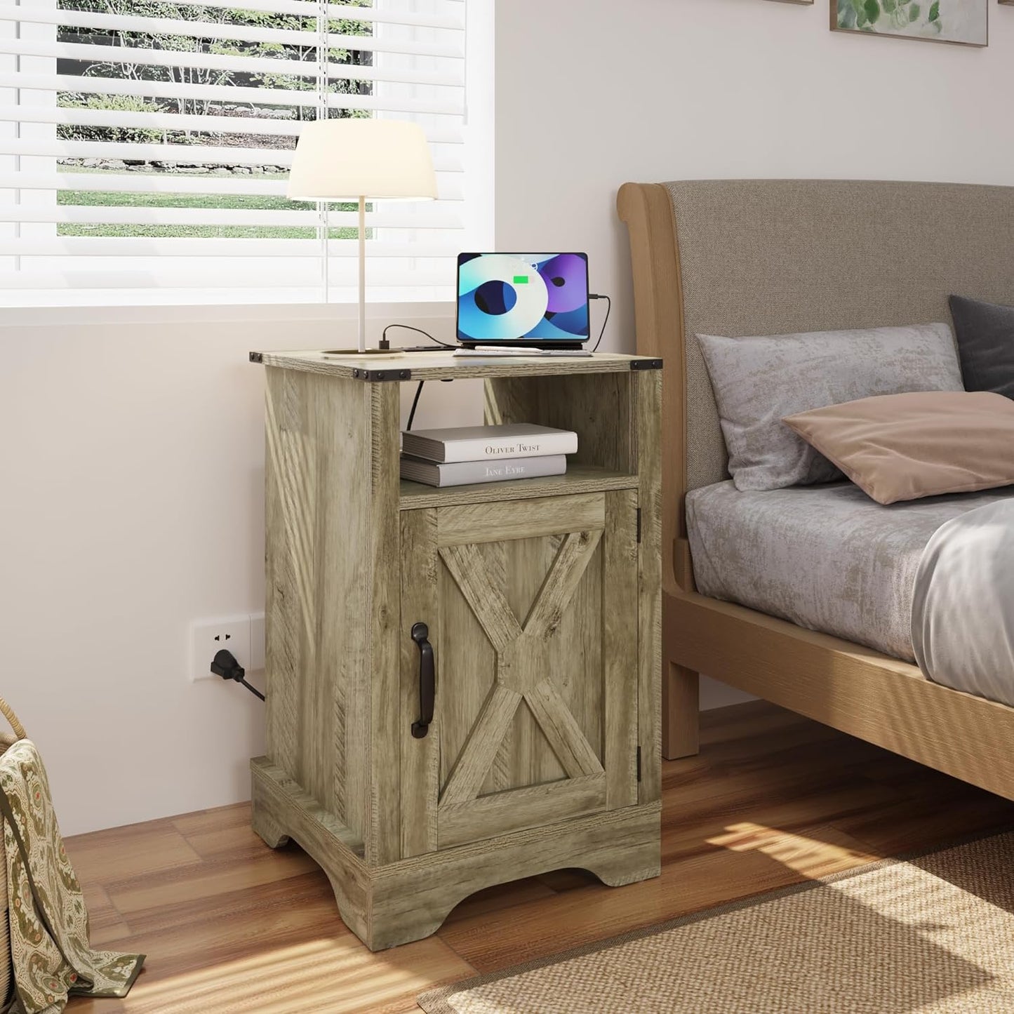 CozyHom Modern Farmhouse USB Nightstand With Charging Station, End Side Table With Charging Station&Storage Cabinet For Bedroom, Light Grey