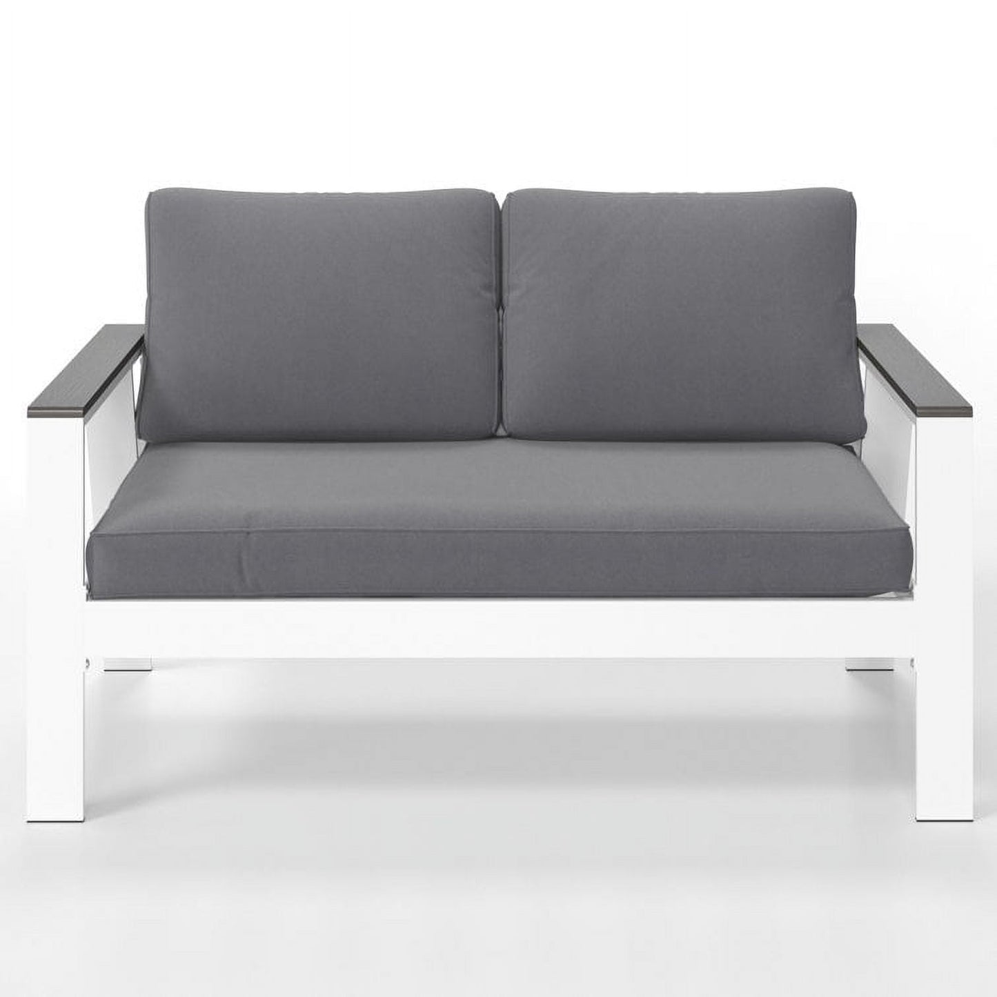 Superjoe Outdoor Aluminum Patio Loveseat Sofa Furniture, Metal All-Weather Modern Patio Sofa Loveseat with Wood Accent Armrest and Angled Backrest, White