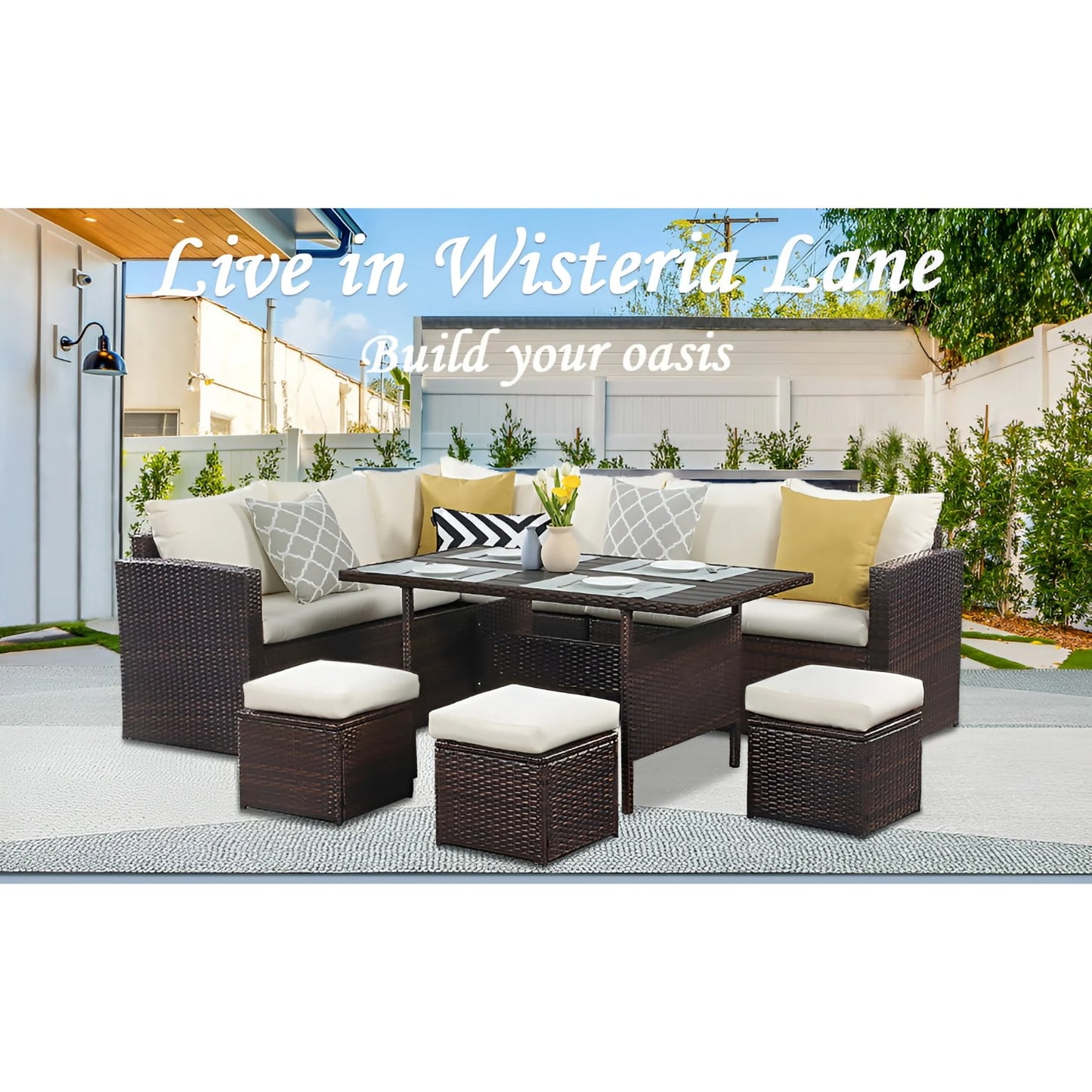 CozyHom 7 Pcs Outdoor Patio PE Wicker Sectional Dining Sofa Furniture Set, Rattan Sectional Conversation Furniture Set With Dining Table, Beige