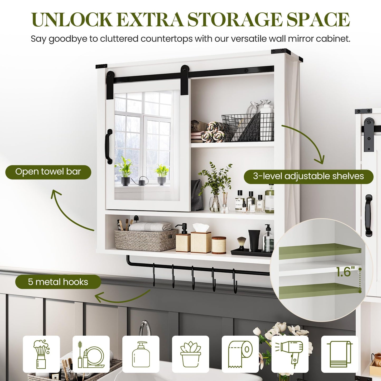 CozyHome 28in Bathroom Cabinet Wall Mount with Sliding Mirror Door, Over The Toilet Storage Cabinet, Farmhouse Medicine Cabinet with Shelves and Towel Bar for Living Room, 28" W x 29" H, White