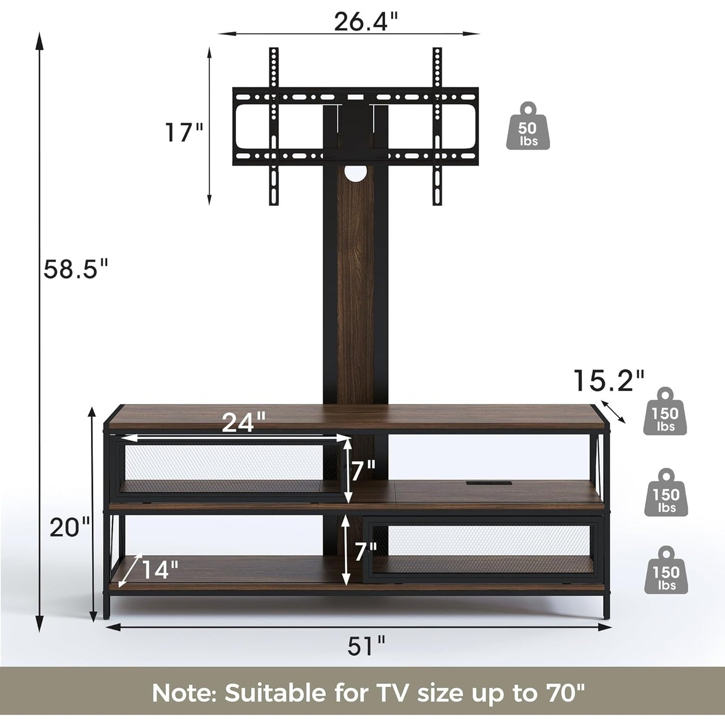 Cozyhom TV Stand with Mount and LED Light, Swivel Entertainment Center for TVs up to 70 Inches, 3-Tier Gaming Media Console Table with Power Outlet for Living Room, Bedroom, Office, Rustic Brown