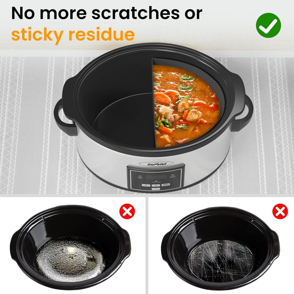 Superjoe Programmable Slow Cooker 6 Quart with 2 in 1 Silicone Liners, Multi-Cooker Food Warmer with Digital Timer, 3 Cooking Settings, Dishwasher-Safe Removable Ceramic Pot & Lid, Silver.