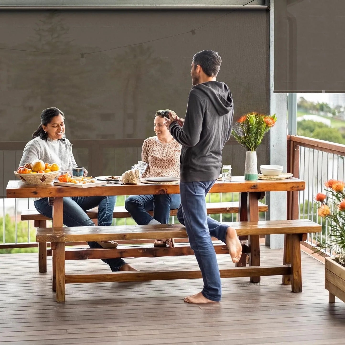 sunvivicollection Outdoor Roller Shade 8'Wx8'H Brown 420GSM Cordless Patio Roller Blinds Shades with Pole, Waterproof Outdoor Blinds Roll Up for Gazebo Porch, Deck, Pergola