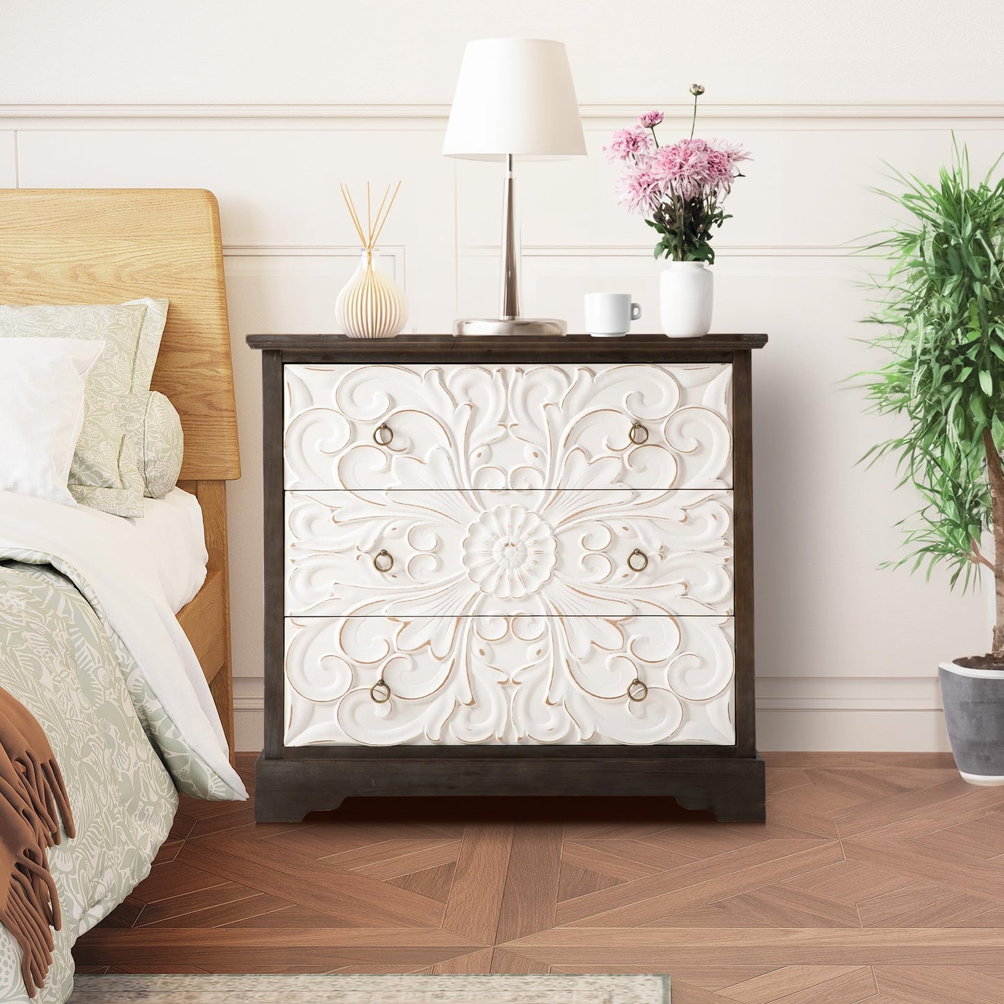 CozyHome 3 Drawer Dresser, 3 Chest of Drawers, Accent Storage Cabinet with Drawers, Wooden Closet Organizer, Bedside Table with Gourd Legs, Farmhouse Nightstand for Bedroom Hallway Living Room, Grey