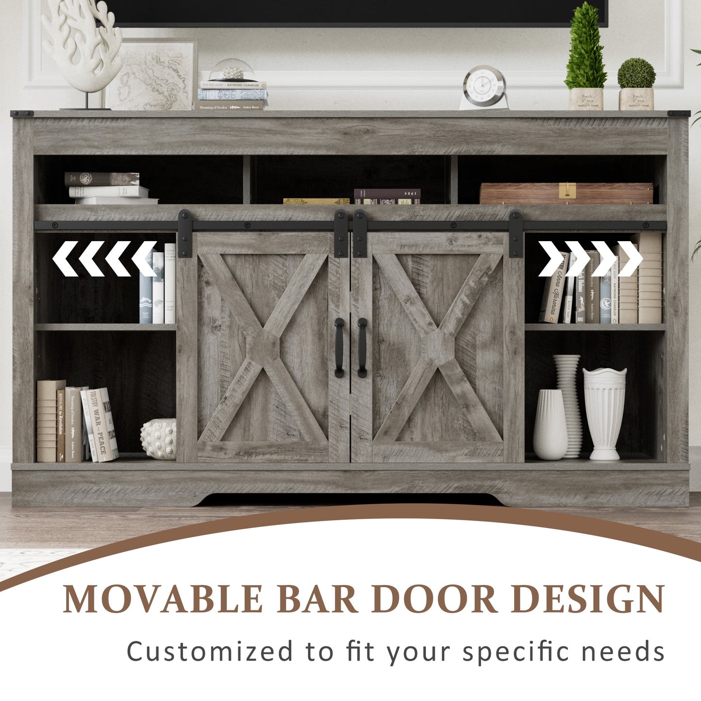 Superjoe Farmhouse TV Stand for TVs up to 70", Modern Entertainment Center w/Sliding Barn Doors, Media Console Storage Cabinet for Living Room Bedroom, Light Grey