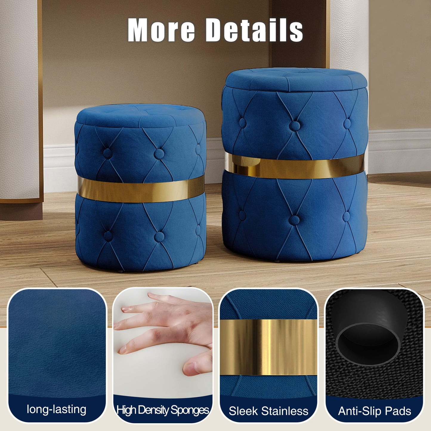 CozyHome Storage Ottoman Set of 2, Versatile Footrest Stool with Stainless Steel Base, Modern Round Vanity Stool Chair Foot Stools, Support 200lbs Padded Seat, for Living Room, Bedroom, Blue