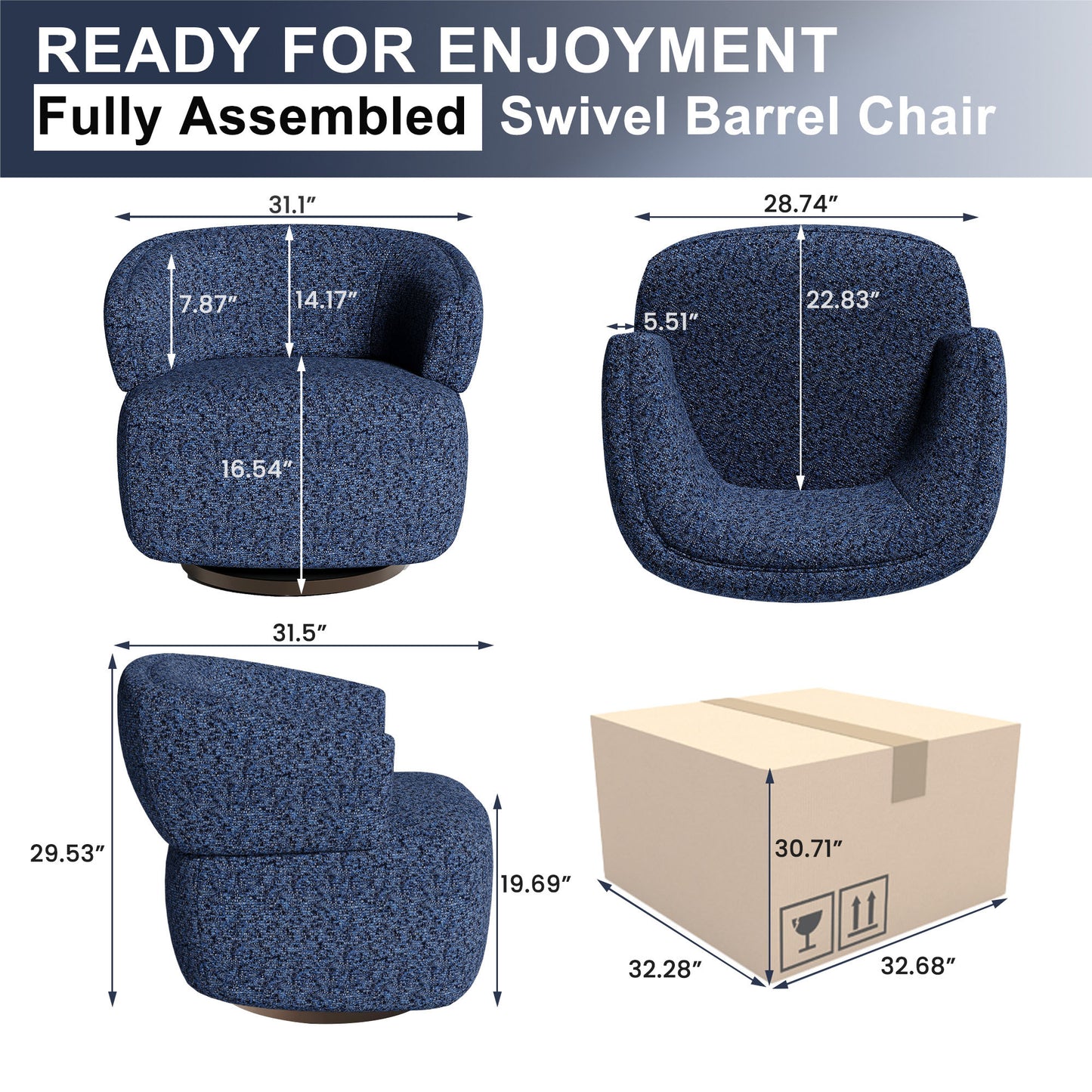 Swivel Accent Chair, Fully Assembled Round Barrel Chairs, Oversized Upholstered Armchair with 360-Degree Base, Modern Club Chair for Living Room, Bedroom, Office