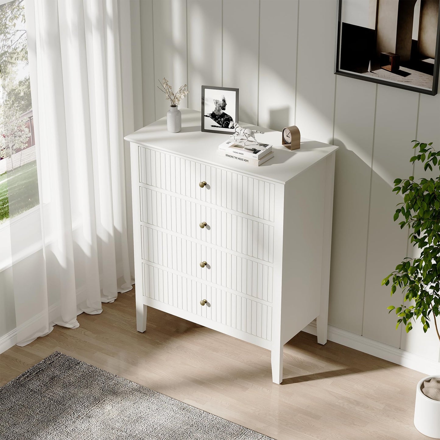 CozyHome White Fluted 4 Drawer Dresser for Bedroom, Modern Chest of Drawers, Wood Dresser for Storage Clothes, Wooden Storage Cabinet Nightstand for Bedroom, Hallway, Living Room, Entryway
