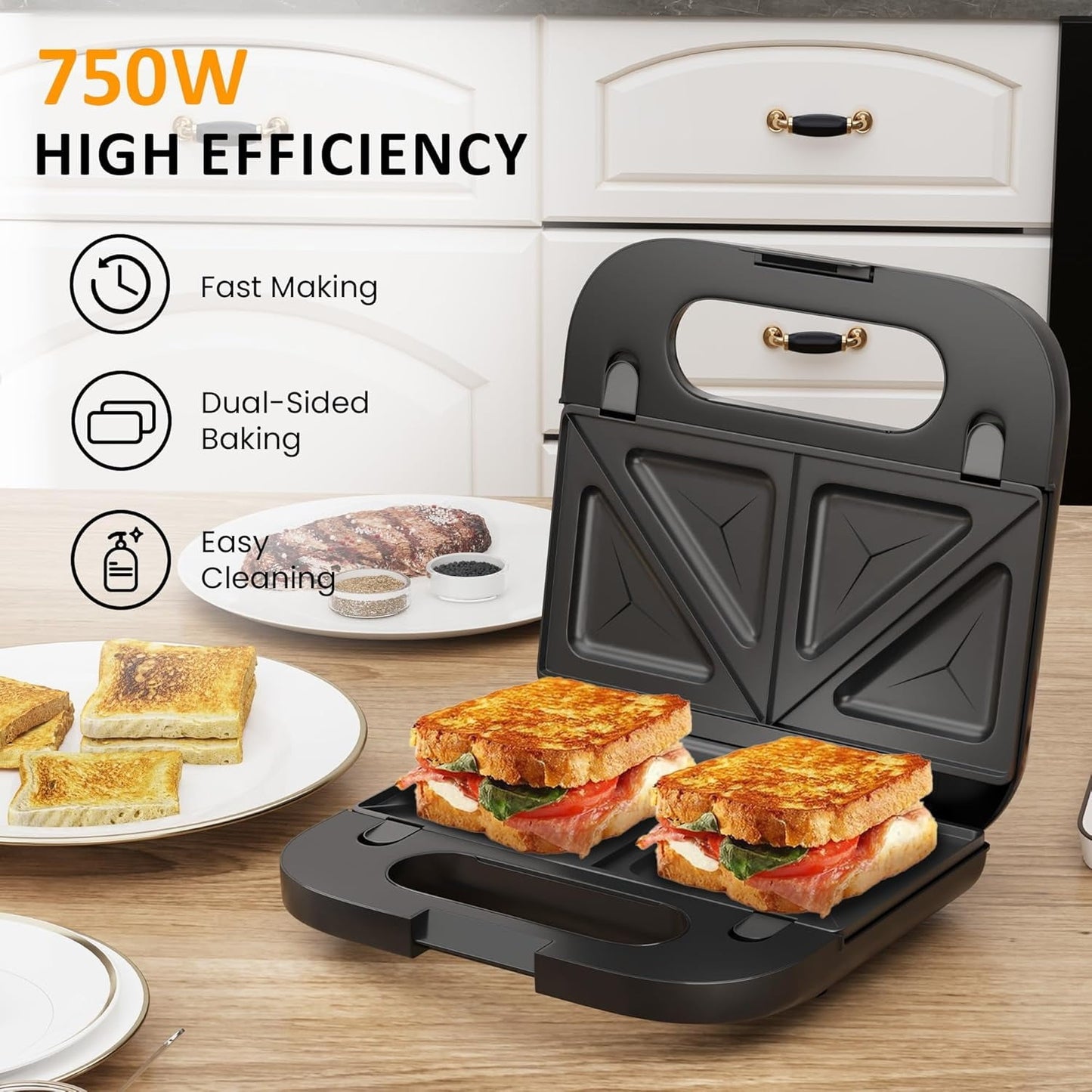 Superjoe Waffle Iron, Panini Press Grill and Sandwich Maker Set, 3 in 1 Electric Sandwich Press with Removable Non-Stick Plates, Indicator Lights & Cool Touch Handle 750W